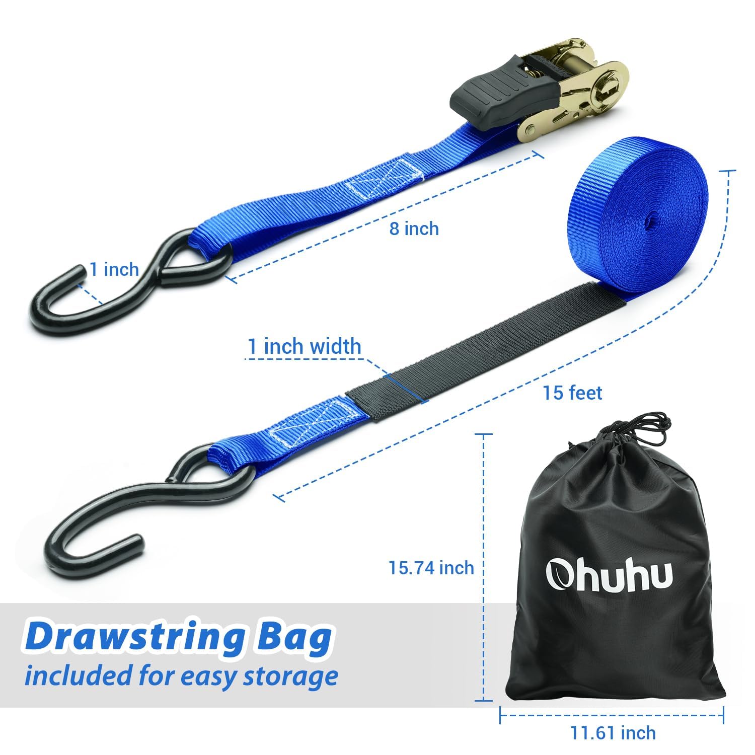 Ohuhu 4-Pack Heavy Duty Ratchet Straps - 500 lbs Capacity, 1500 lbs Break Strength - Secure Motorcycle, Appliances & Cargo - Blue Tie Down Straps for Moving, Trucking & Logistics