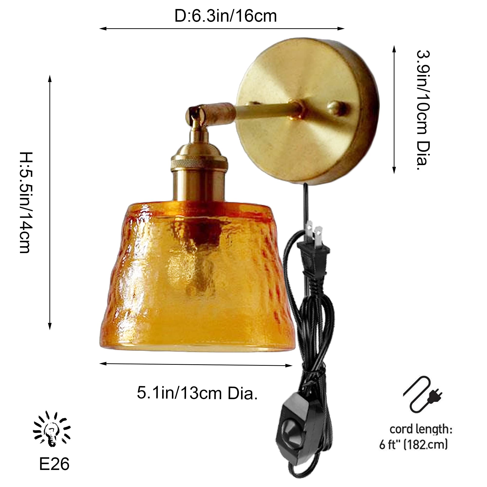 Adjustable Wall Sconce with UL Plug-in Cord - Dimmable E26 Bronze Base Reading Light with Rotating Switch & Yellow Glass Shade - Perfect for Bedroom, Hallway, Kitchen Island, and Bathroom Lighting