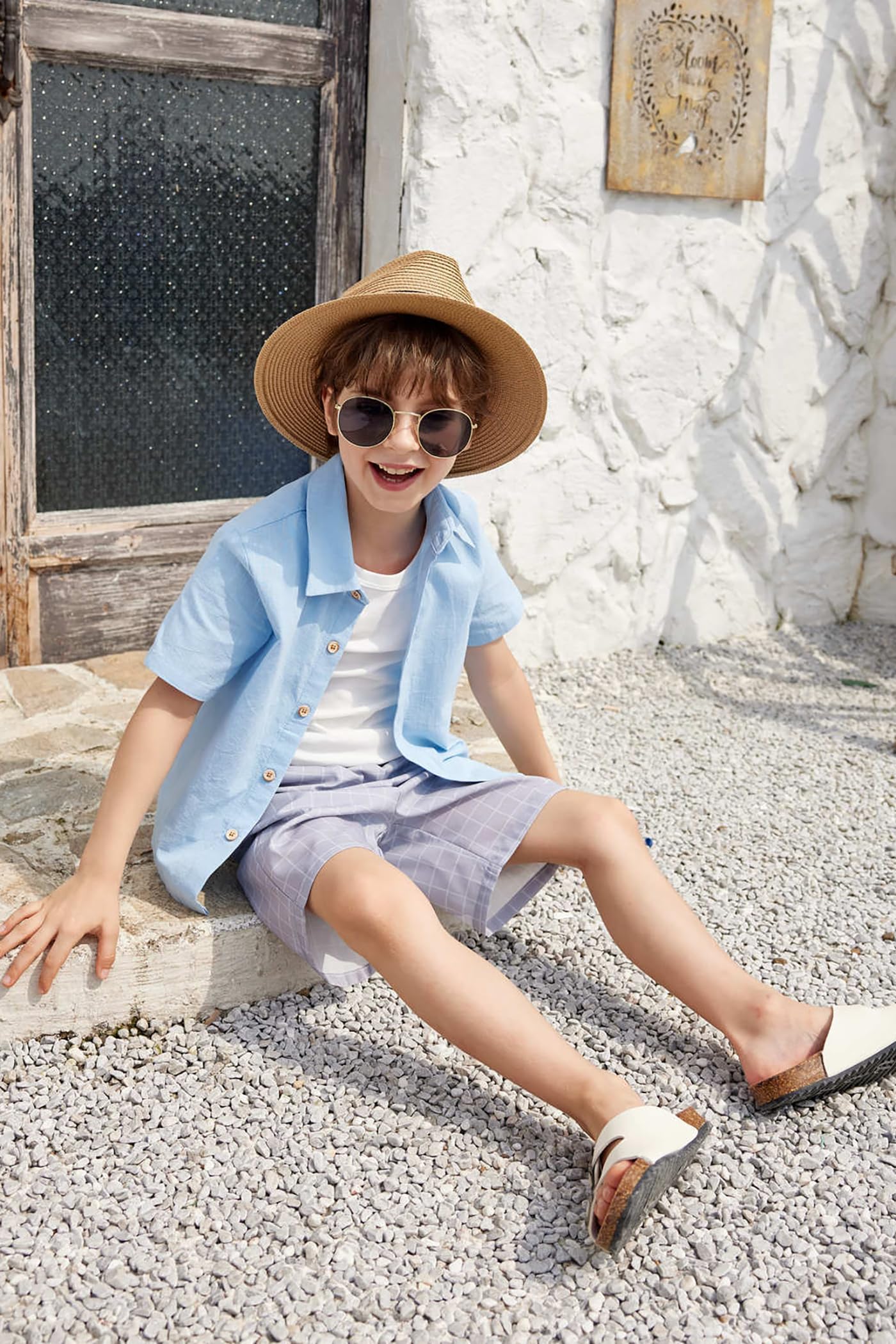 Arshiner Boys Cotton Linen Shorts Set - Button Down Shirt & Shorts with Bucket Hat | Summer Beach Hawaiian Outfit for Kids | Size 6-16 | Perfect for Vacation, Pool Party & Outdoor Adventures