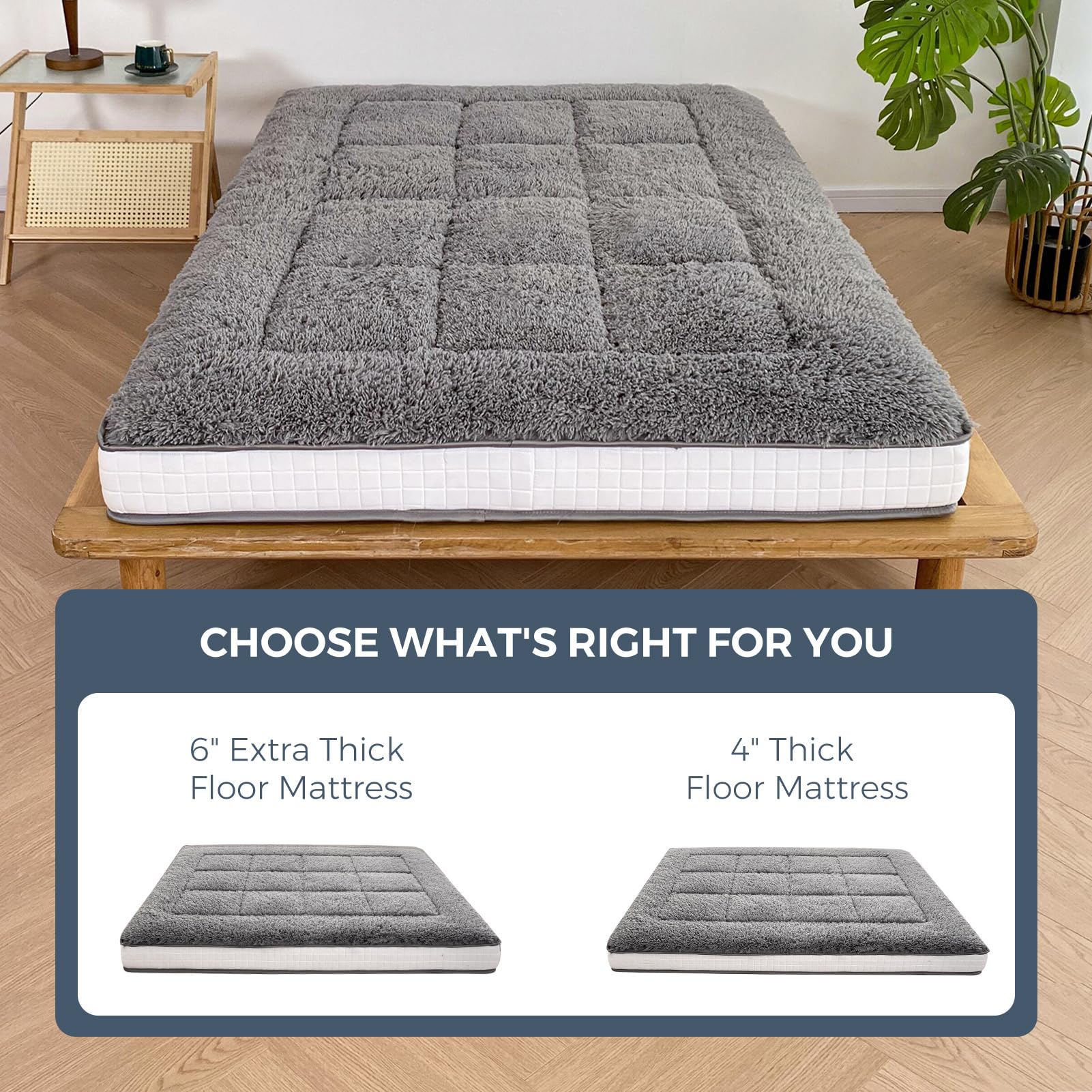 MAXYOYO 6-Inch Extra Thick Fluffy Floor Futon Mattress - Plush Square Quilted Mattress for Adults & Guests - Dark Grey - Perfect for Living Rooms, Guest Beds & Sleepovers