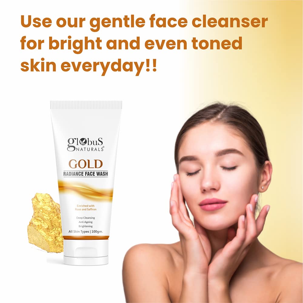 Globus Naturals Gold Radiance Anti-Aging & Brightening Face Wash with Saffron & Rose - 100ml for All Skin Types | Gentle Cleansing, Hydration & Glow Boost - Perfect for Daily Skincare Routine & Nighttime Regimen