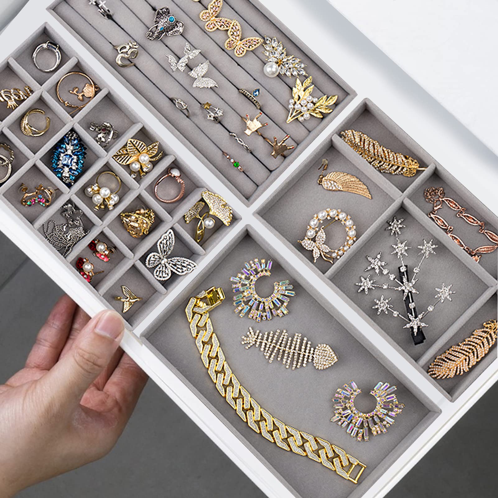 Stackable Velvet Jewelry Organizer Trays - Set of 4 Gray Drawer Inserts for Earrings, Rings, Watches, Bangles & Necklaces | Jewelry Storage Solution for Dressers, Vanities & Travel Cases