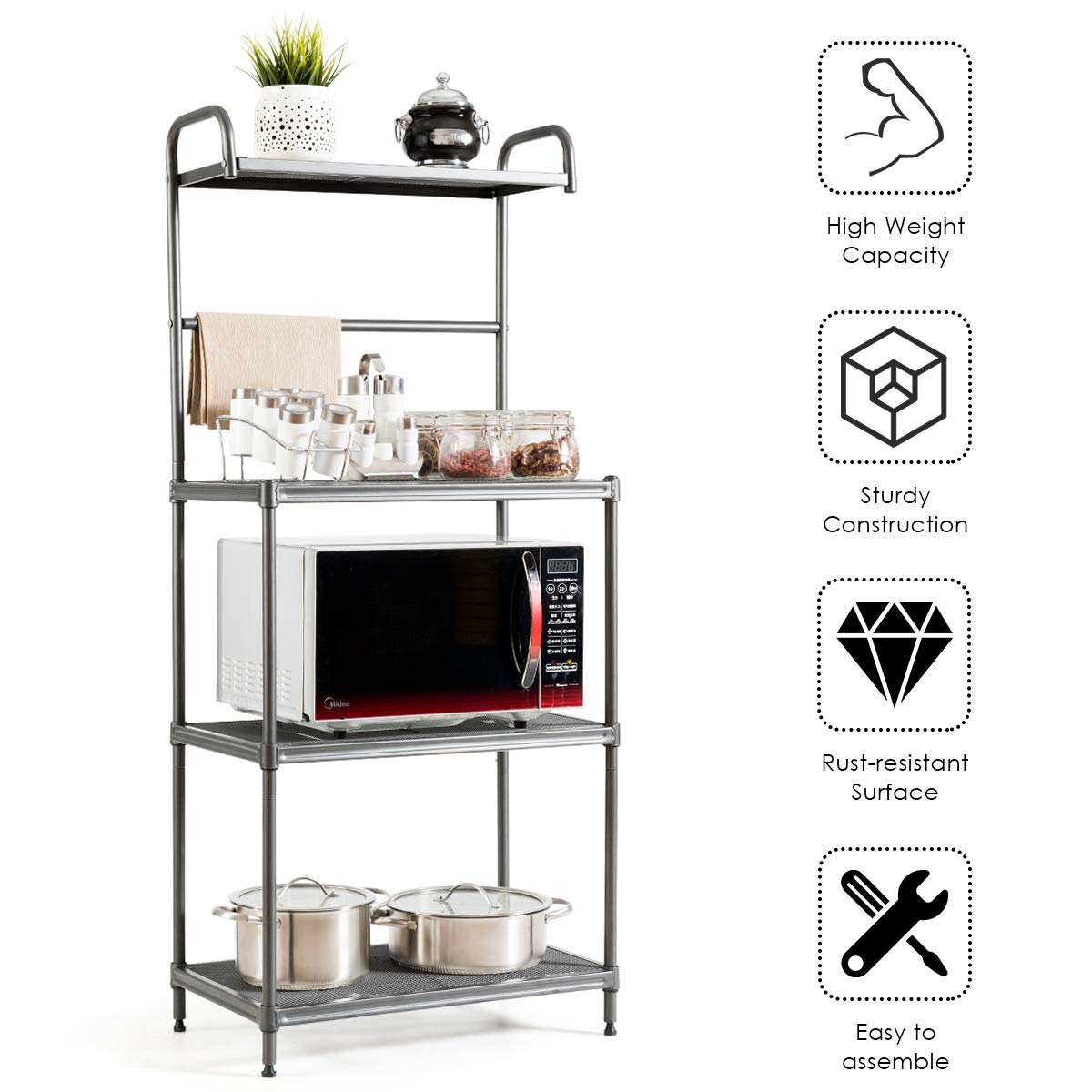 Giantex 4-Tier Heavy Duty Metal Bakers Rack - Kitchen Storage Shelf with Microwave Stand, Sturdy Wire Mesh Shelving Unit for Organizing Spices, Cookware & Small Appliances | Perfect for Home Kitchen, Pantry, Garage or Office Storage
