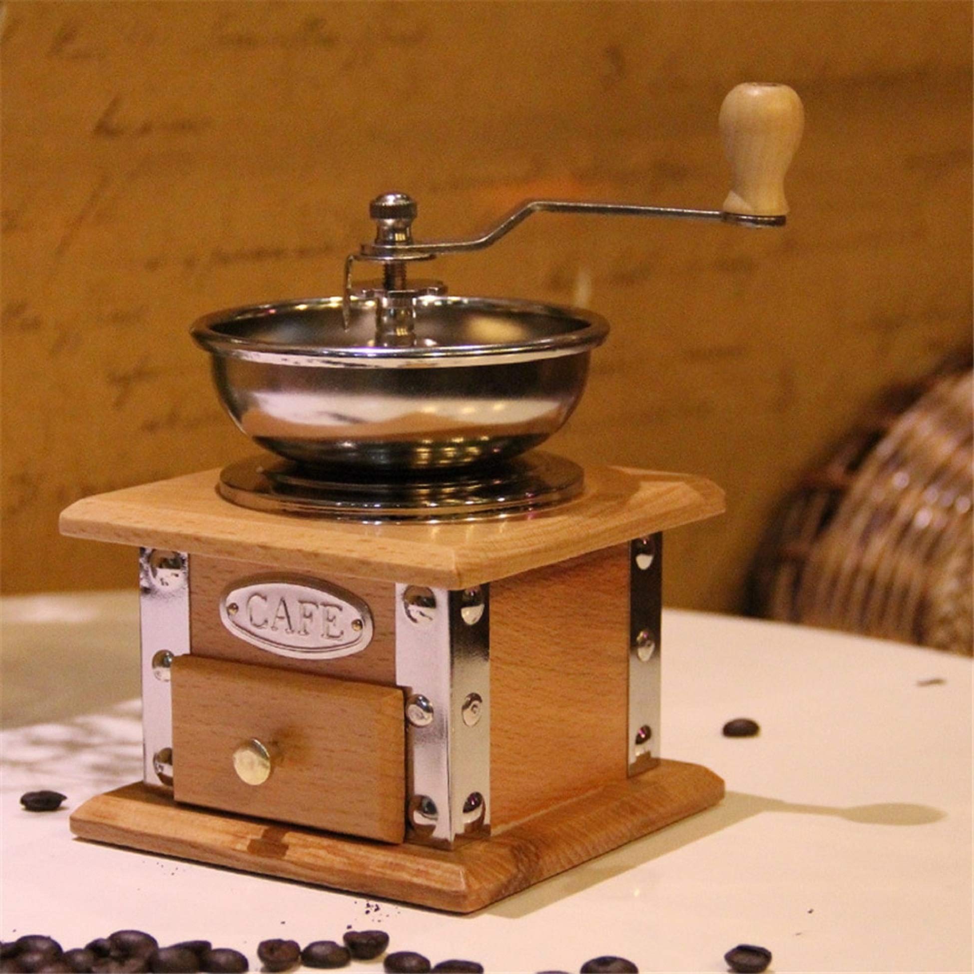 Vintage Wooden Manual Coffee Grinder with Stainless Steel Burrs - Hand Crank Coffee Mill for Espresso, French Press & Pour Over - Perfect for Home, Camping & Travel Use