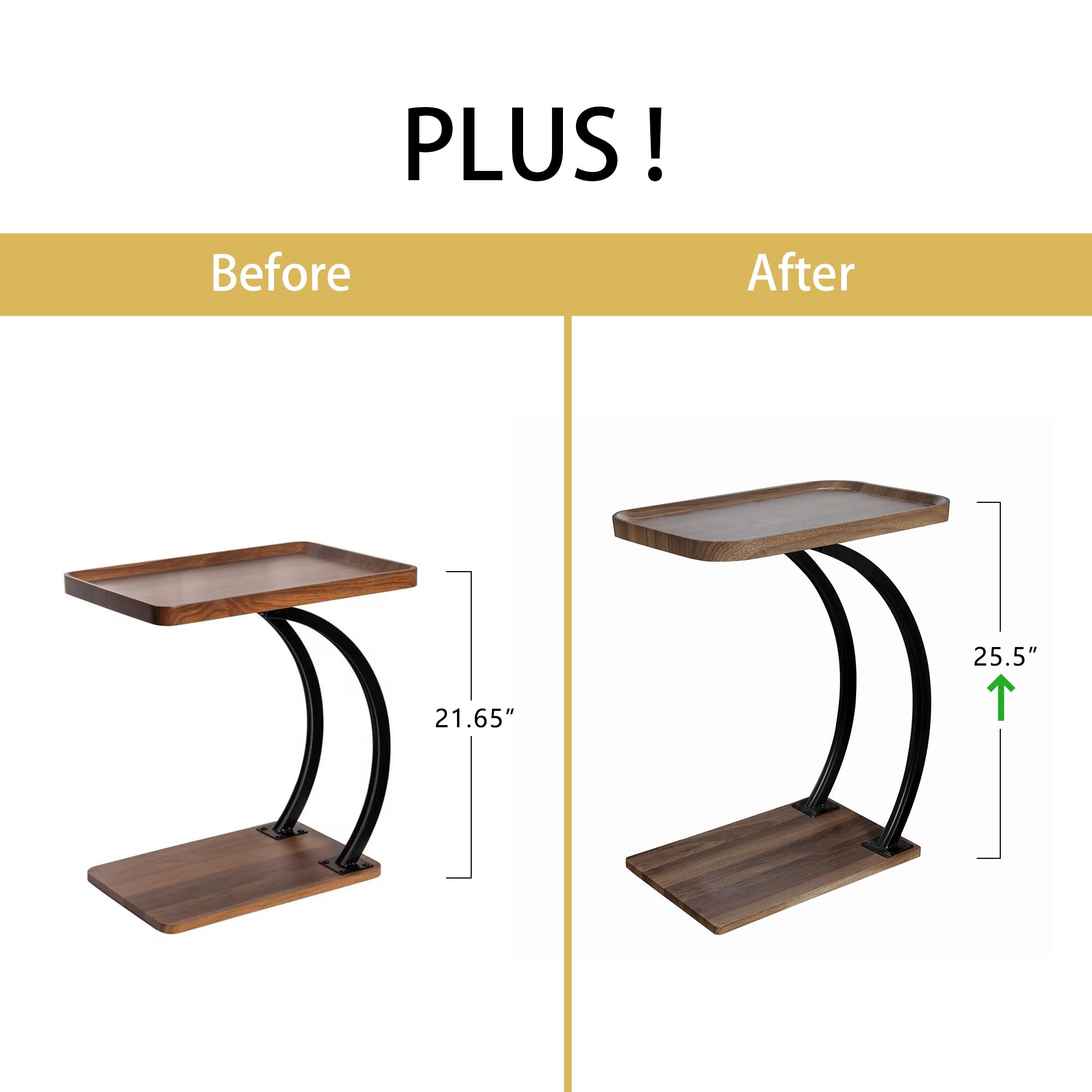 C-Shaped Wooden Top Side End Table with Double Bent Tubes - 2-Tier TV Tray Table for Couch, Sofa & Living Room - Includes 2 Large Trays for Snacks, Drinks & Remote Storage