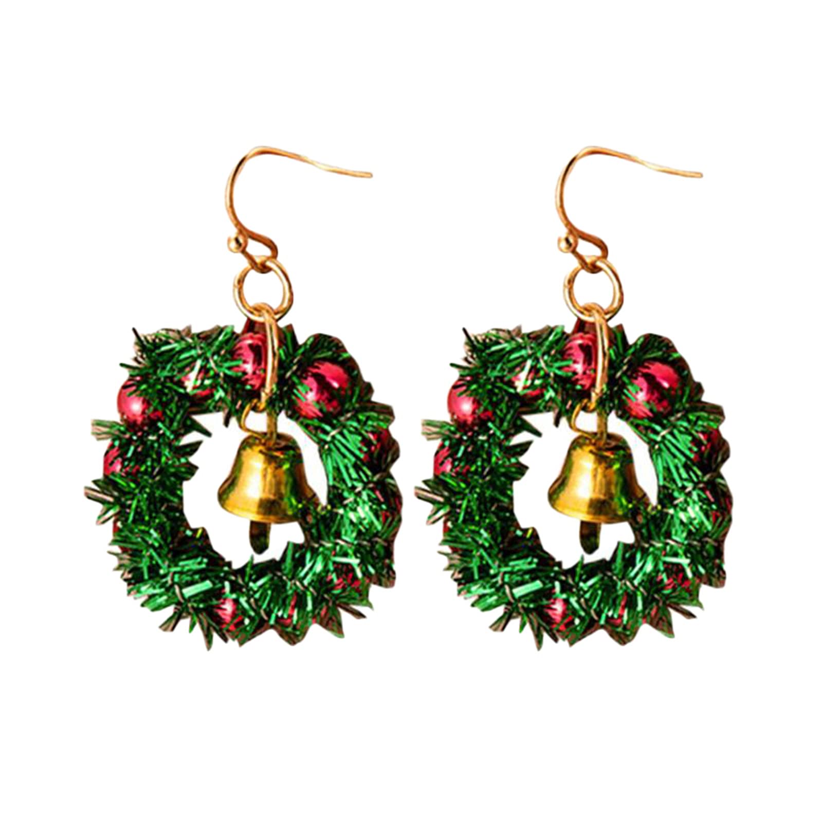 Hislaves Fashion Hoop Earrings for Women & Girls - Christmas Wreath Design with Festive Small Bells, Lightweight Tree Ball Hook Earrings for Holiday Parties, Gift Giving & Festive Occasions