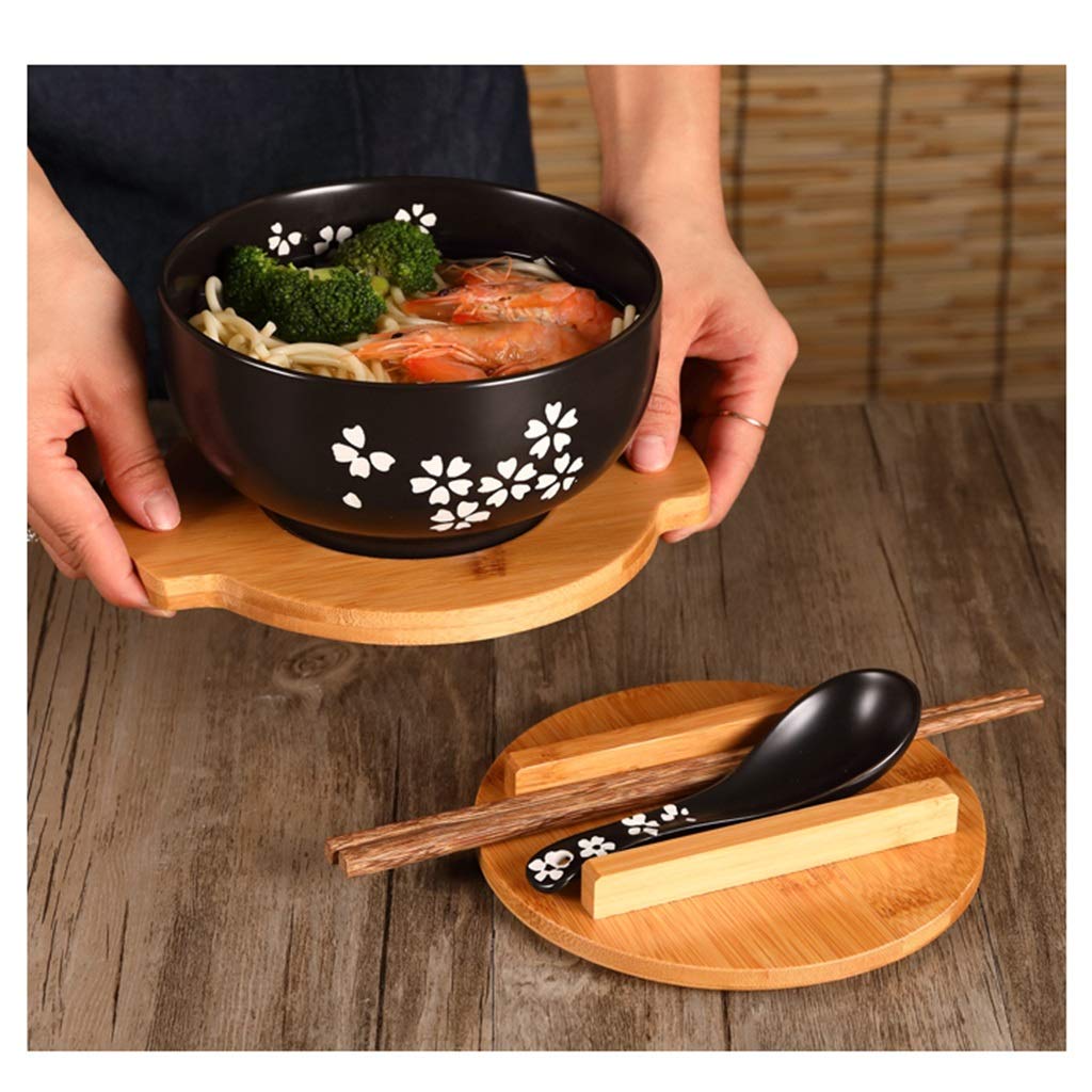 Premium Japanese Ramen Noodle Bowl Set - Black Rice Bowls with Lid, Spoon & Chopsticks - Perfect for Asian Noodles, Soups, and Home Dining