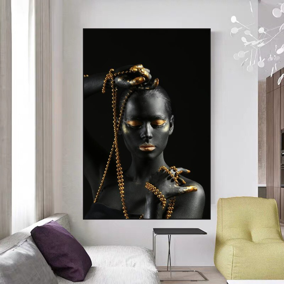 Afro Girl Beaded Jewel Canvas Wall Art - Vibrant African American Home Decor for Living Room, Bedroom & Office