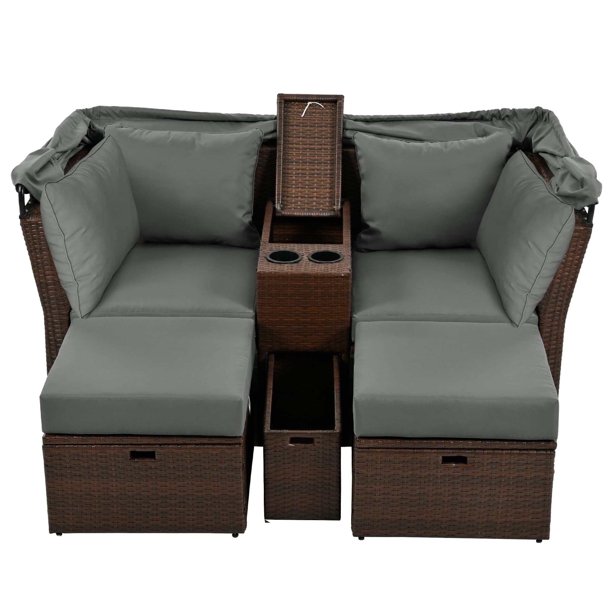 P PURLOVE Outdoor Loveseat Chaise Lounge with Canopy - 2-Seater Patio Double Daybed with Foldable Awning & Cushions - Water-Resistant Grey Outdoor Sofa Set for Garden, Backyard, Poolside & Patio Relaxation
