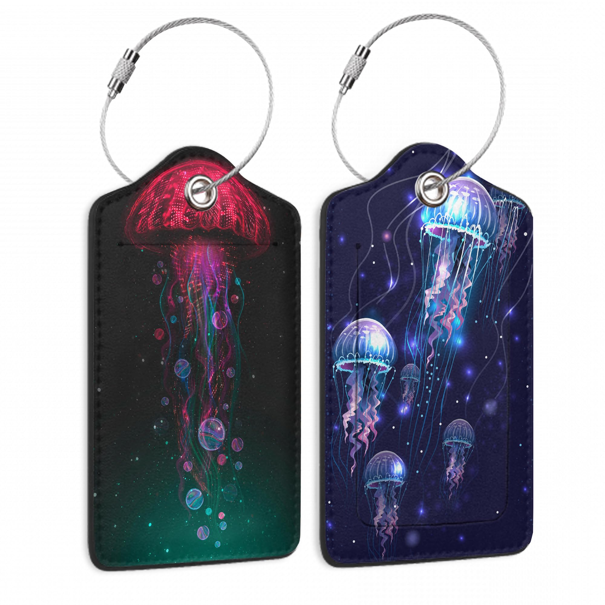 2 Pack Abstract Neon Jellyfish Leather Luggage Tags - Durable Suitcase ID Tags with Privacy Cover & Steel Loop for Travel - Perfect for Women, Men, Kids & Girls (Airport, Cruise, Business Trips)