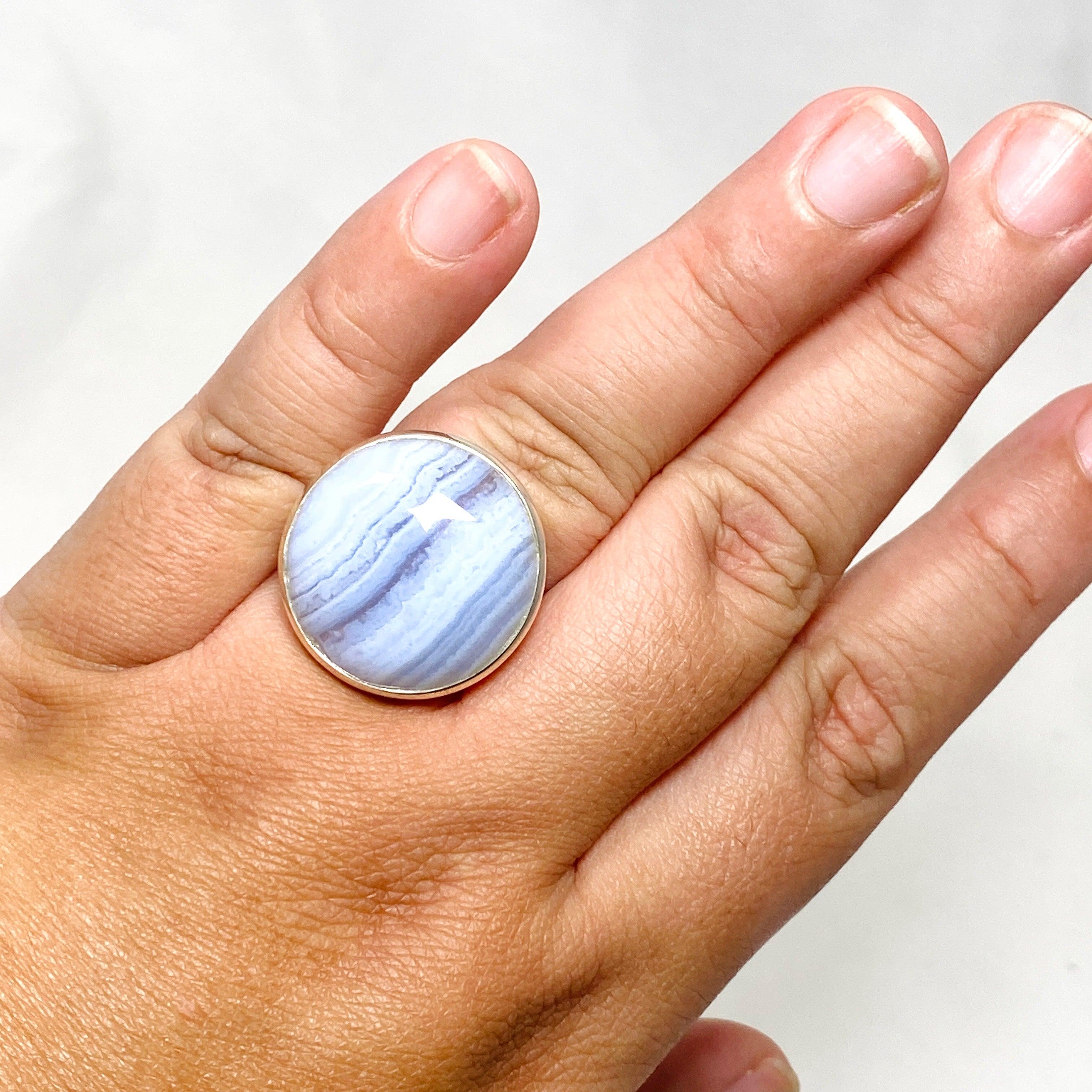 Blue Lace Agate Sterling Silver Round Ring Size 10.5 - Elegant Boho Jewelry for Women, Perfect for Weddings, Parties & Everyday Wear