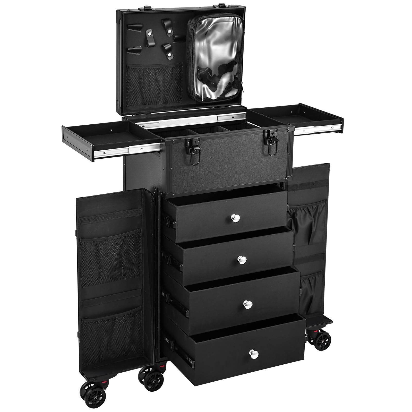 Joligrace Professional Rolling Makeup Case - 4 Drawer Cosmetic Organizer for Makeup Artists & Hairstylists | Extra Large Portable Train Case with Multiple Compartments | Perfect for Travel, Salon & On-Site Makeup Services (Black)