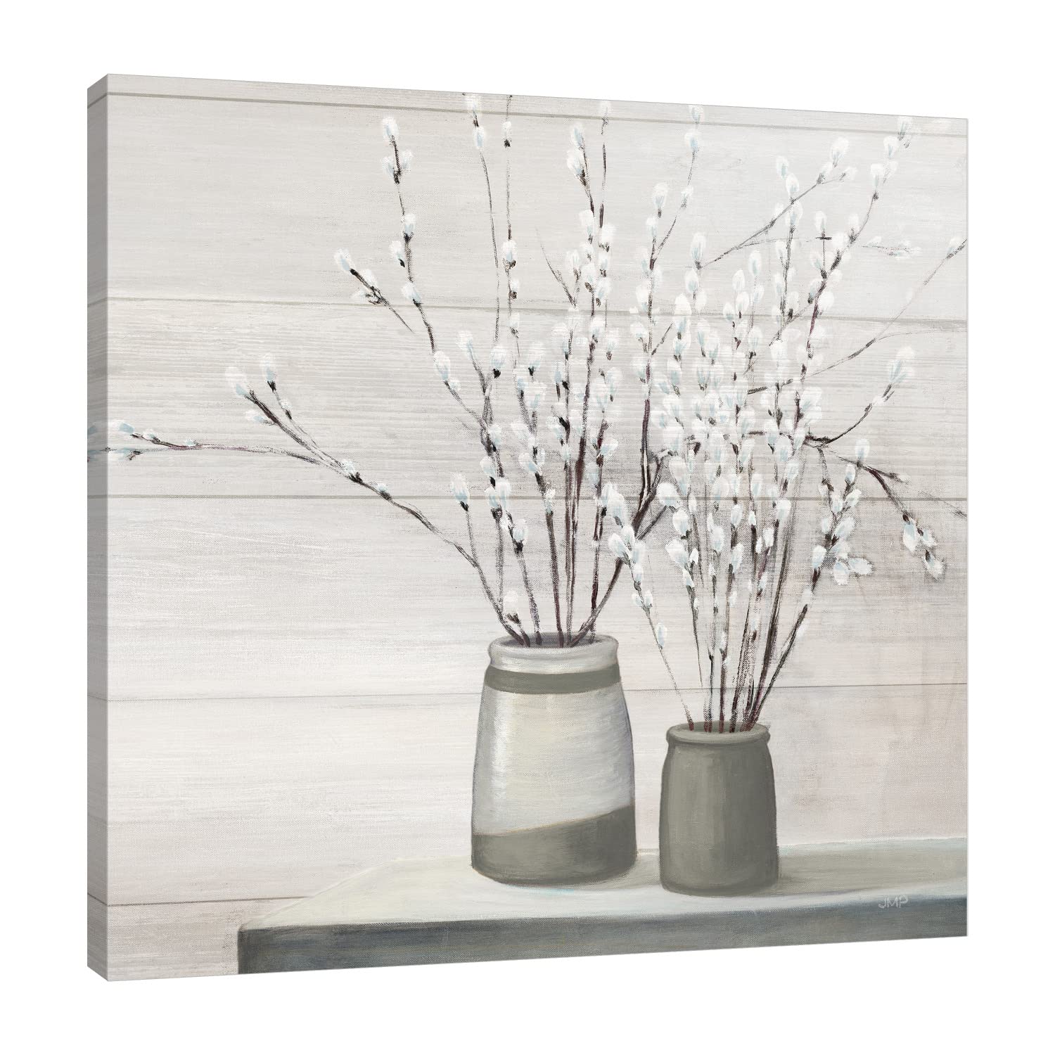 Julia Purinton Pussy Willow Still Life Gray Pots Shiplap Gallery Wrapped Canvas Art Print - 36x36 Inches - Modern Farmhouse Wall Decor for Living Room, Bedroom & Office