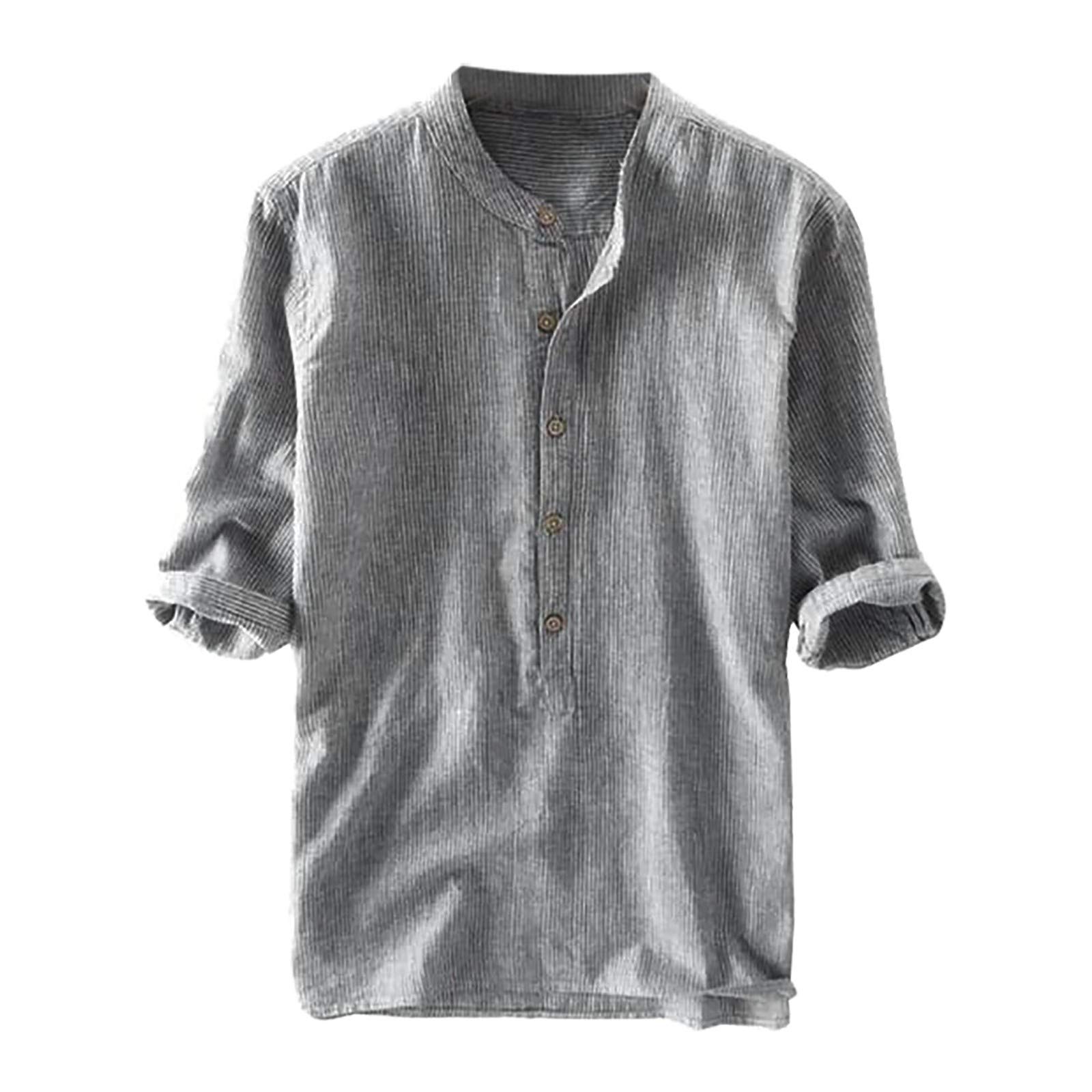 Men's Cotton Linen Henley Shirt - 3/4 Sleeve Casual Summer T-Shirt - Breathable Solid Color Beach Top for Outdoor Activities & Music Festivals