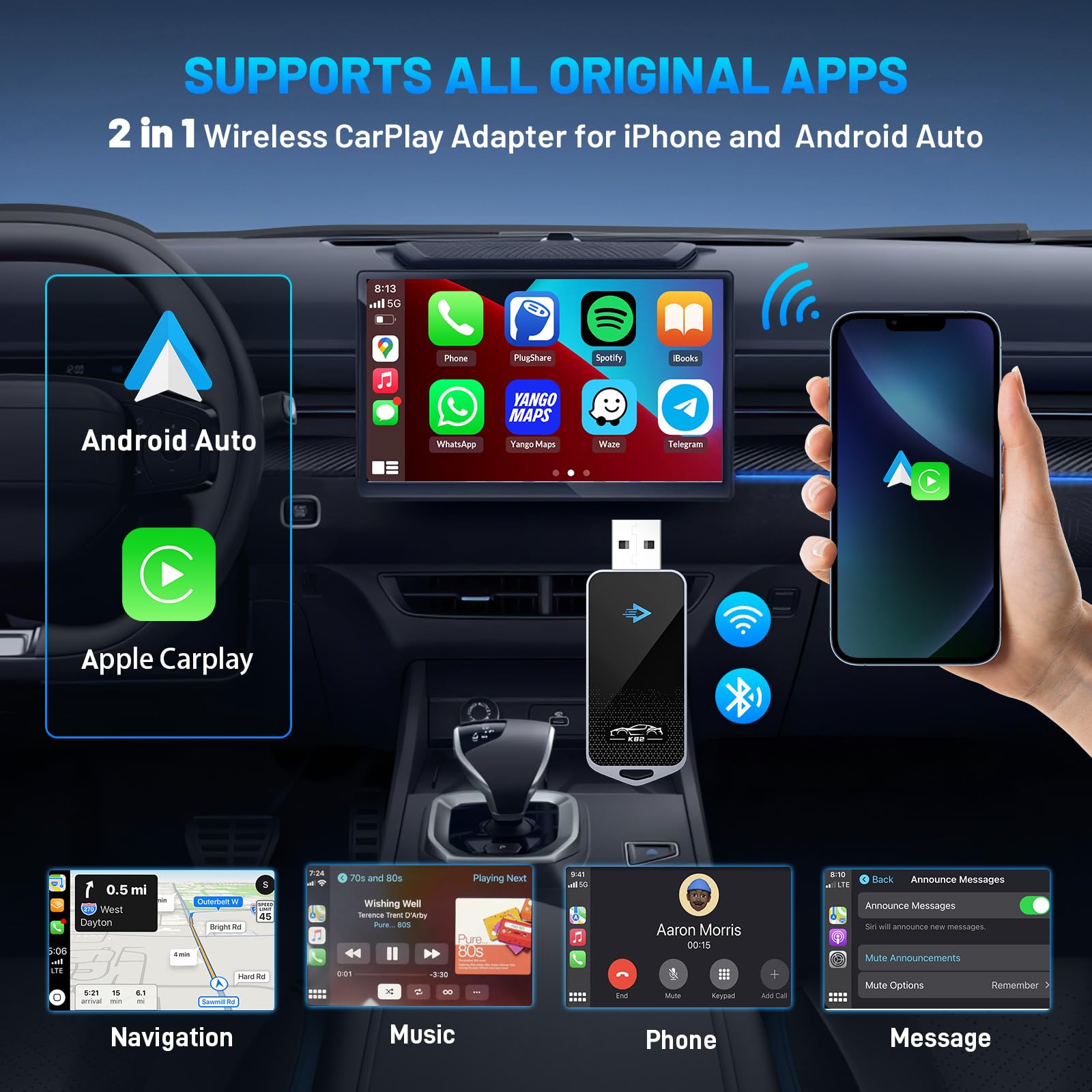 2-in-1 Wireless Adapter for Android Auto & Apple CarPlay - Plug & Play Wi-Fi 6 & Bluetooth 5.2 - Compatible with iPhone 6+/Android 11+ - USB-A/Type-C Included - Perfect for Hands-Free Driving & Seamless Music Streaming