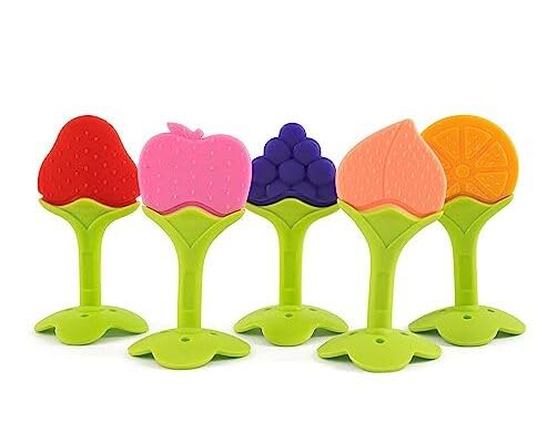 SHOFO SHOP 5-in-1 Baby Feeding Set - Silicone Teething Spoon, Pacifier, Fruit Feeder, Finger Toothbrush & Bib for Infants (Blue Grape Design) - Perfect for Teething Relief & Mess-Free Mealtime
