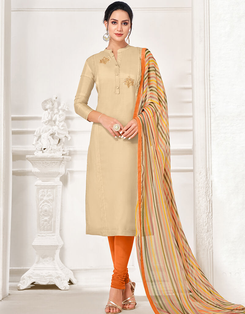 Elegant Beige Chanderi Cotton Chudidar Suit for Women | Traditional Indian Kurti Set | Perfect for Festivals, Weddings & Special Occasions