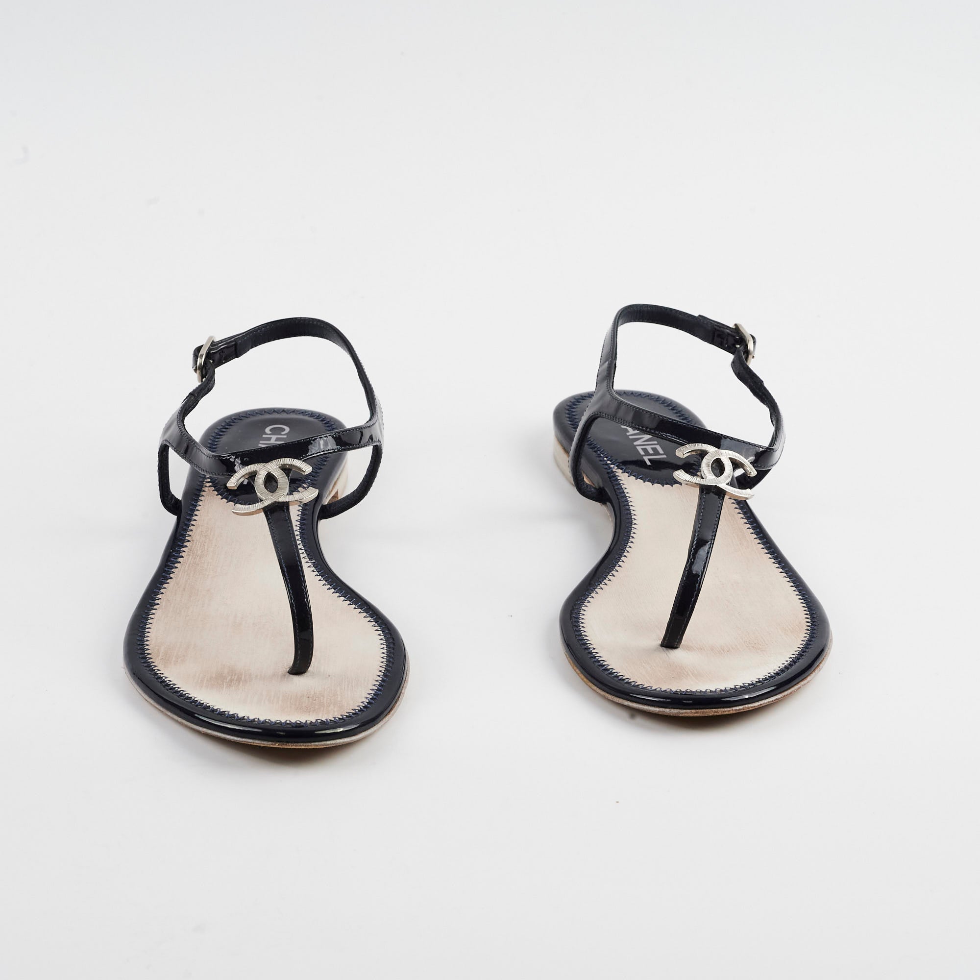 Chanel Navy Blue Patent Leather Sandals for Women - Luxury Designer Summer Shoes for Beach, Party & Casual Wear