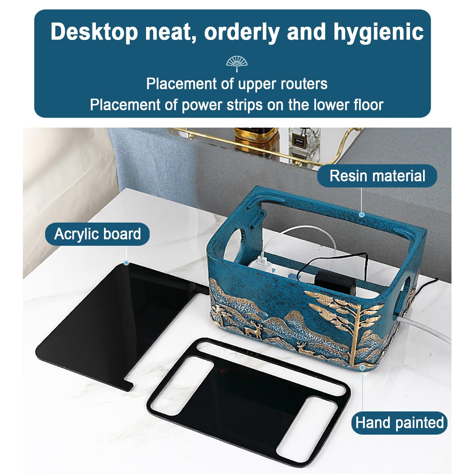 Retro Plastic WiFi Router Box and Modem Storage Organizer - Double Layer Decorative Wireless Internet Device Hider with Power Cord Management - Perfect for Home Office, Living Room, and Bedroom (Blue)