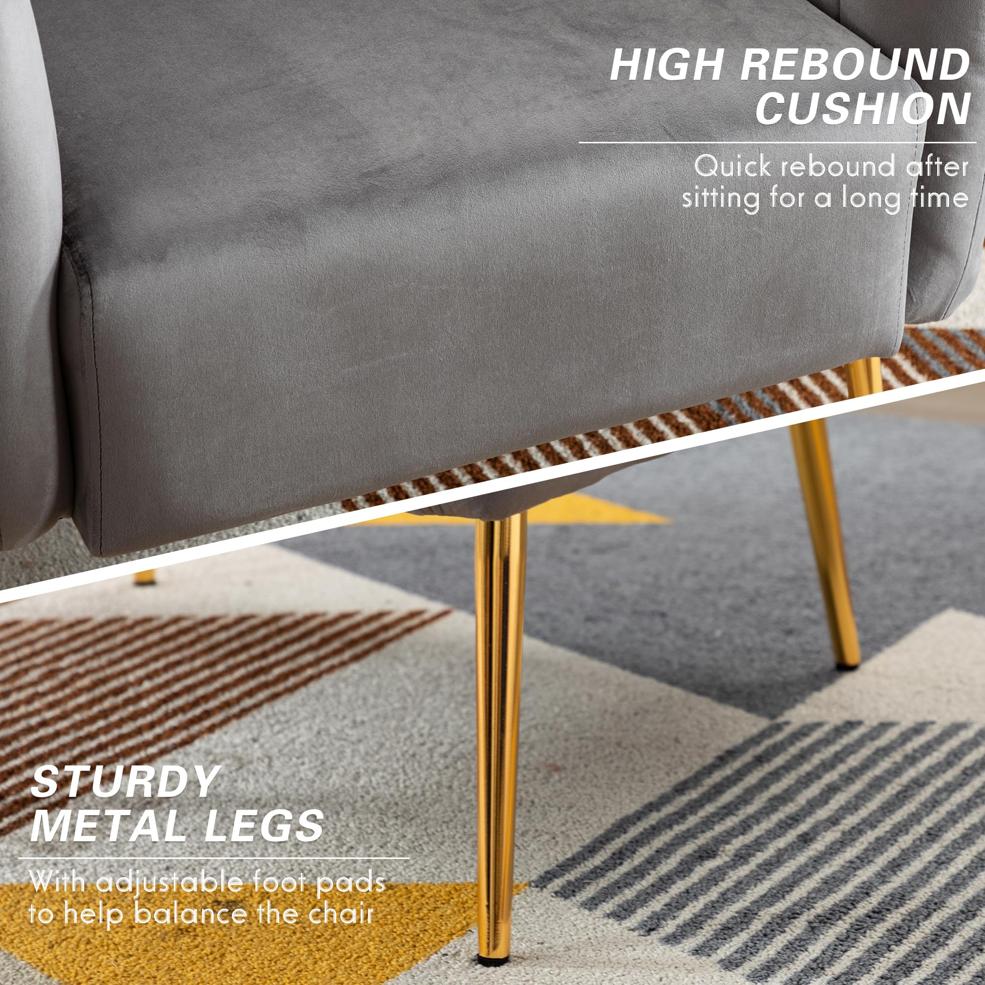 LSSBOUGHT Velvet Accent Chair with Gold Metal Legs - Plush Barrel Armchair for Living Room & Bedroom - Grey Cozy Single Sofa | Perfect for Reading Nooks, Home Offices & Lounge Areas