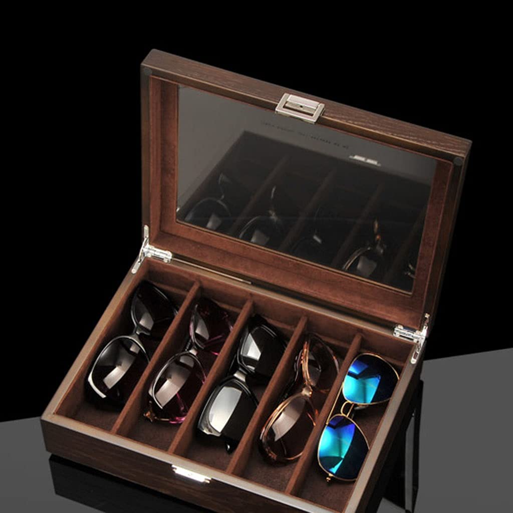 Premium 5-Slot Sunglasses Organizer - Ash Wood Glasses & Jewelry Storage Case with Lock & Visible Sunroof (Dark Brown, 30x22x8.5cm) - Perfect for Home, Office & Travel Accessory Organization
