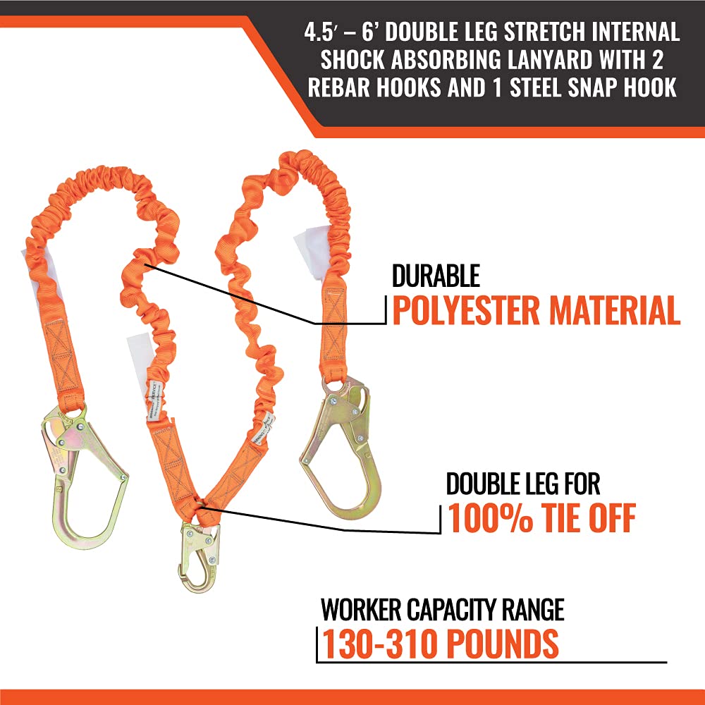 Warthog Pass Through Safety Harness Fall Protection Kit - 6ft Double Leg Shock Absorbing Lanyard with D-Ring Extender - OSHA Compliant for Construction, Roofing & Industrial Work