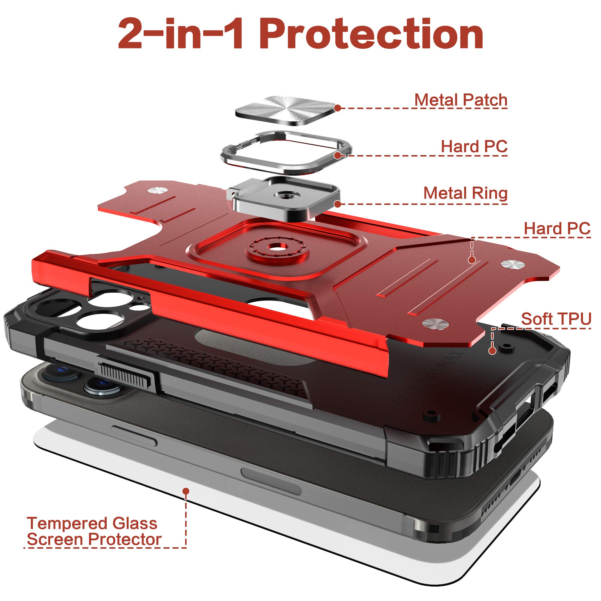 **Tempered Glass Screen Protector & Slim Protective Case for iPhone 12 Pro Max 6.7 Inch – Hybrid Drop Test Cover with Card Mount & Kickstand (Red) – Perfect for Work, Travel, and Everyday Use**