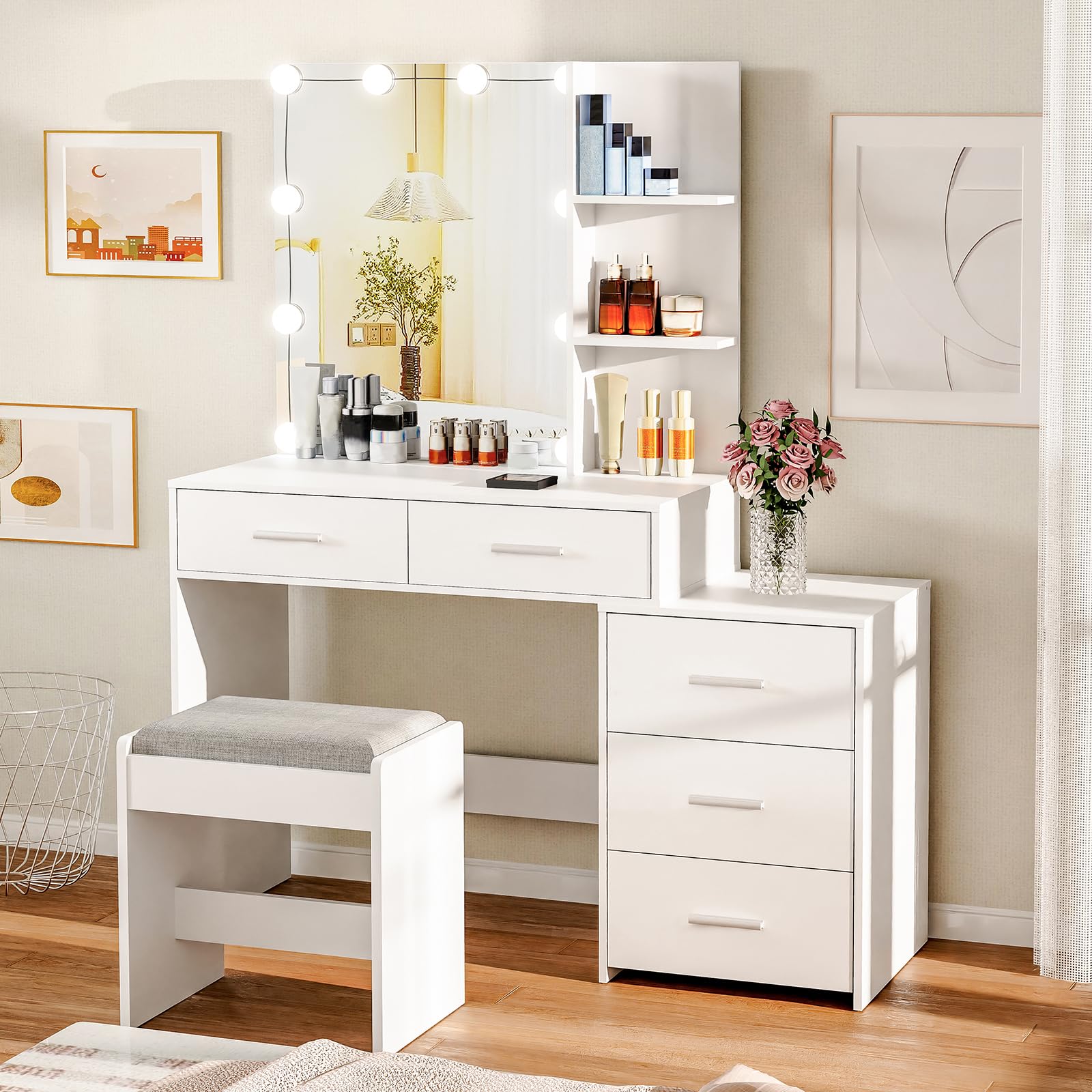 USIKEY 43.5 Inch Large LED Vanity Desk with Mirror - 10 Adjustable Lights, 5 Storage Drawers & Stool - White Makeup Dressing Table with Shelves for Women & Girls | Perfect for Bedroom, Dorm, Beauty Salon & Gift