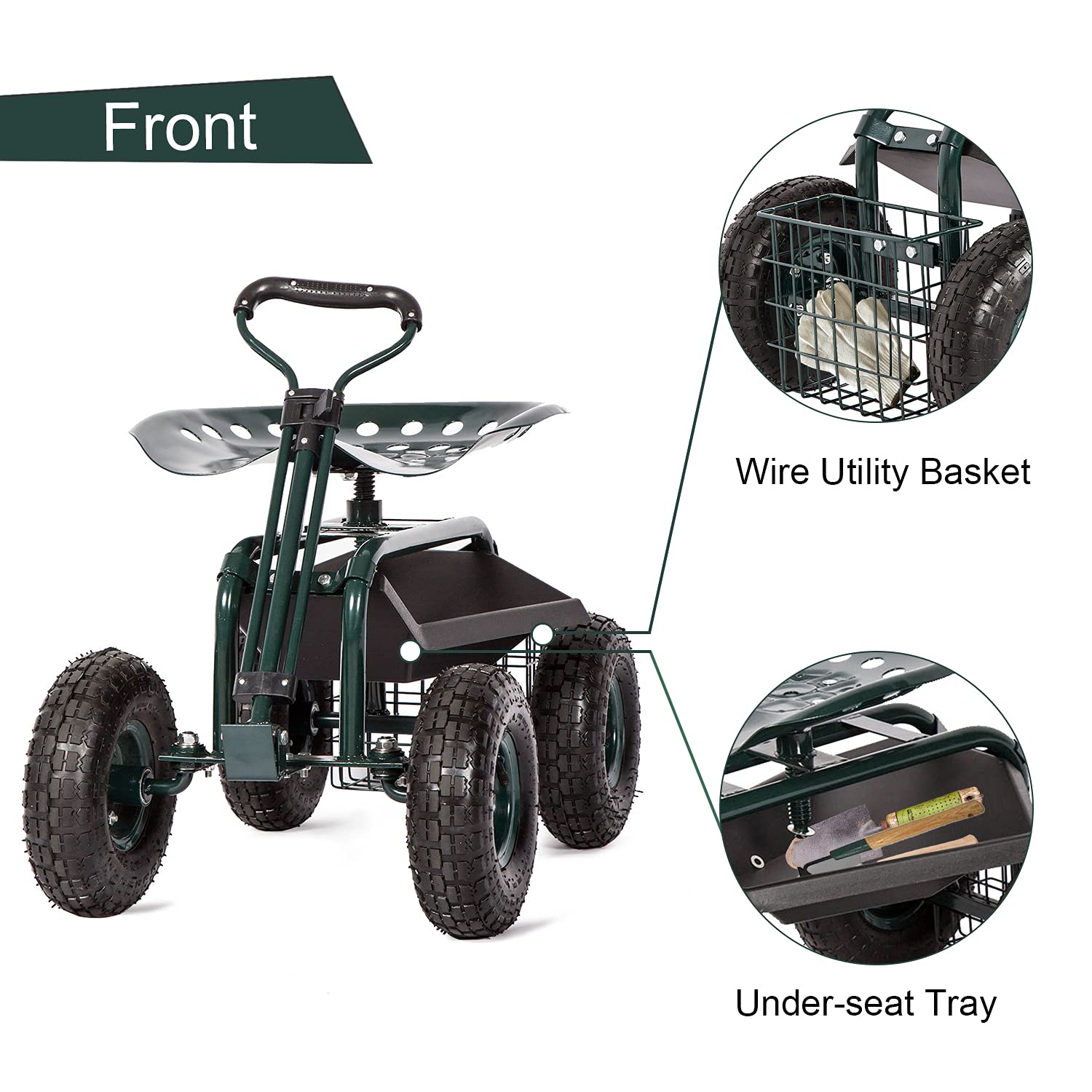 Heavy-Duty Garden Cart with Swivel Seat & Wheels - Foldable Gardening Wagon with Extendable Handle & Tool Tray for Planting, Yard Work & Outdoor Use - Perfect for Patio Maintenance, Landscaping & Backyard Projects (Green)