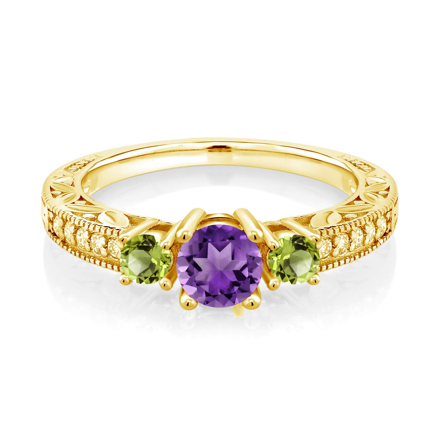 0.85 Ct Natural Purple Amethyst & Green Peridot 18K Yellow Gold Plated Sterling Silver Ring for Women - Elegant Birthstone Jewelry Gift for Anniversary, Valentine's Day & Special Occasions