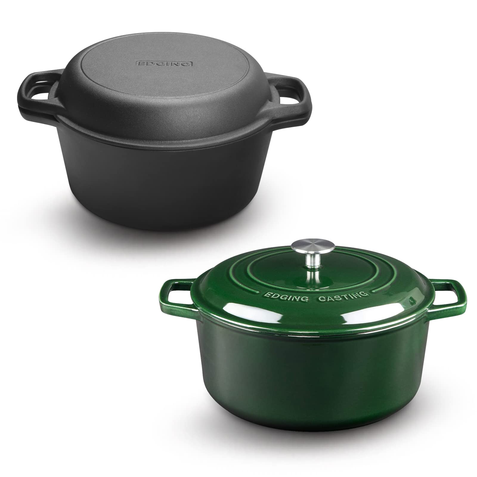 5 QT Green Enameled Cast Iron Dutch Oven with Skillet Lid - Pre-Seasoned for Baking Bread, Frying, Cooking & Camping | Perfect for Outdoor Adventures & Home Kitchen Use