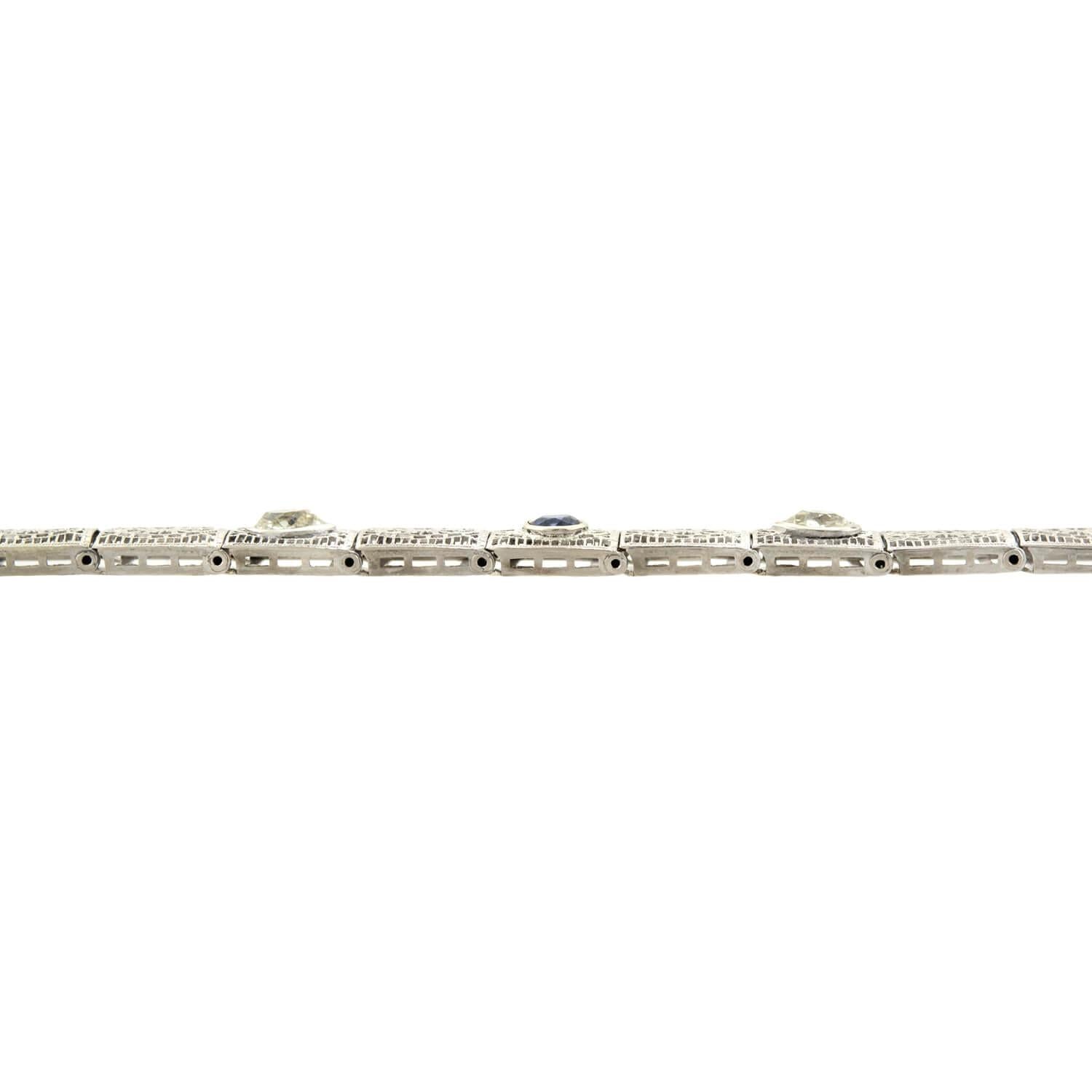 Art Deco 14k Gold Pear Cut Diamond & Sapphire Filigree Line Bracelet - Elegant Vintage Jewelry for Weddings, Parties & Special Occasions