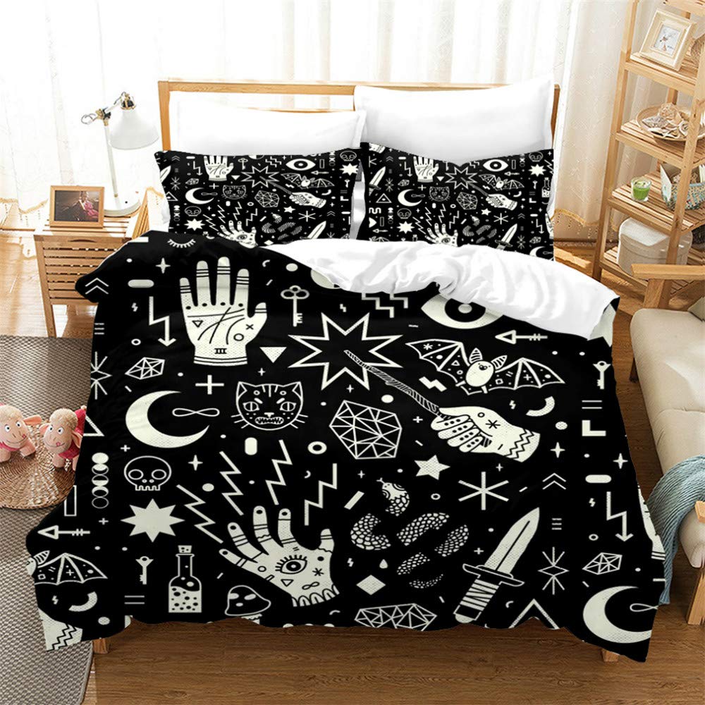 REALIN Tarot Divination Duvet Cover Set - Cartoon Little Pattern Bedding 2/3/4PCS with Quilt Cover, Sheets & Pillow Shams for Twin/Full/Queen/King Size (B, Queen 228x228cm 4PCS) - Perfect for Mystic Bedroom Decor & Tarot Enthusiasts
