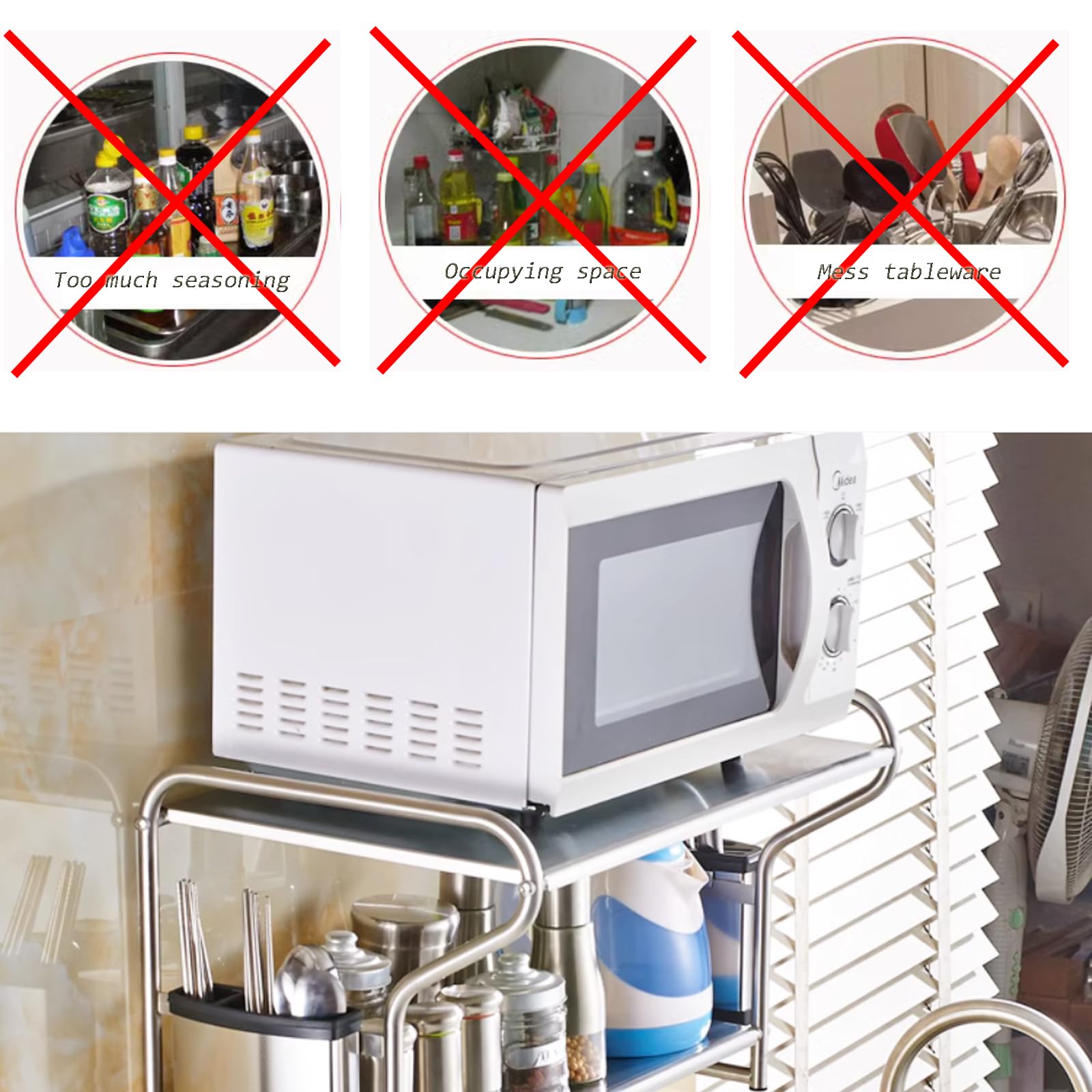 INTBUYING 2-Tier Stainless Steel Microwave Oven Rack Holder with 8 Hooks - Space Saving Kitchen Countertop Organizer for Microwave Storage | Perfect for Small Kitchens, Apartments & Dorm Rooms