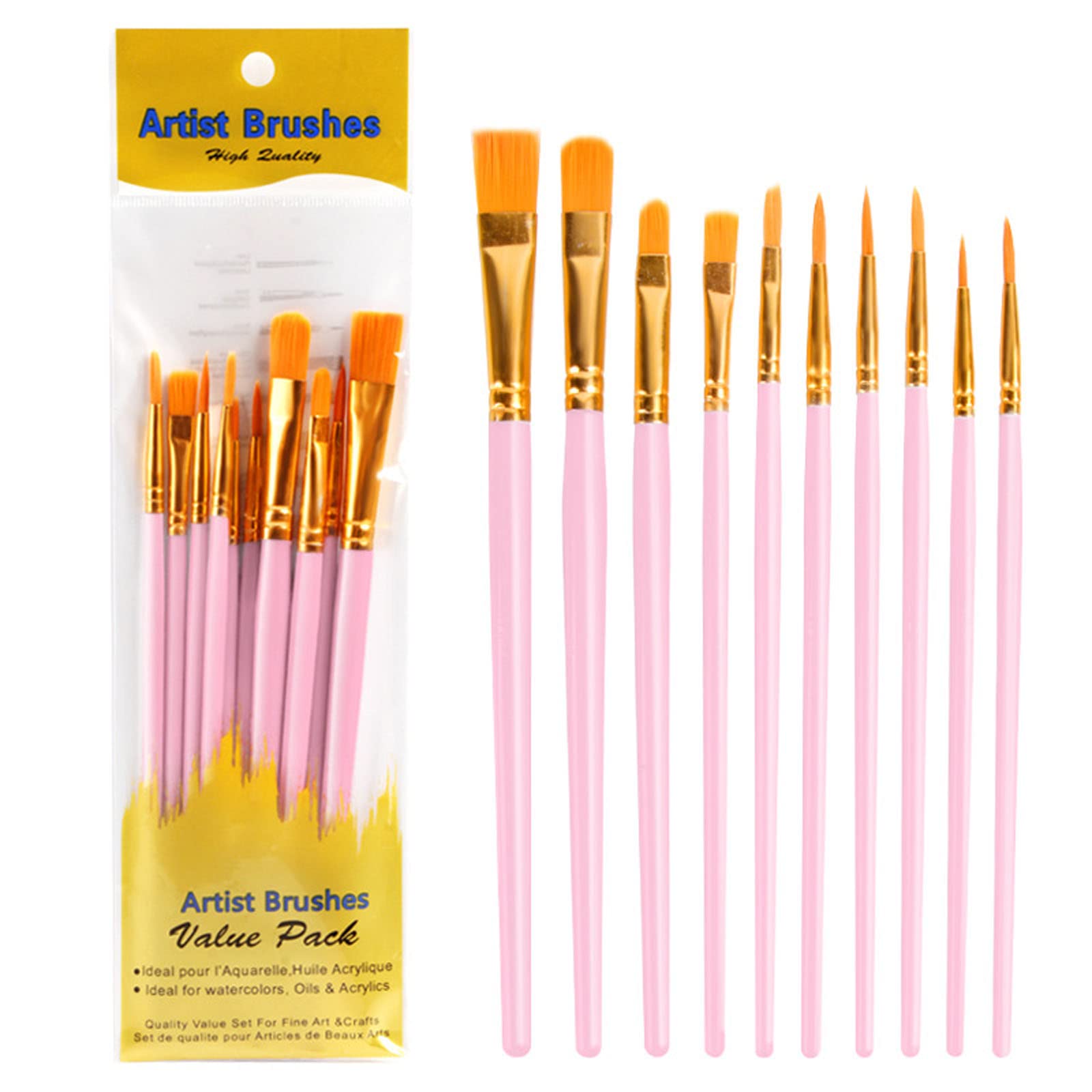 10Pcs Acrylic Paint Brushes Set - Round, Pointed & Flat Head Artist Paintbrushes for Watercolor, Drawing & Art Crafts | Perfect for Beginners, Professionals & DIY Art Projects