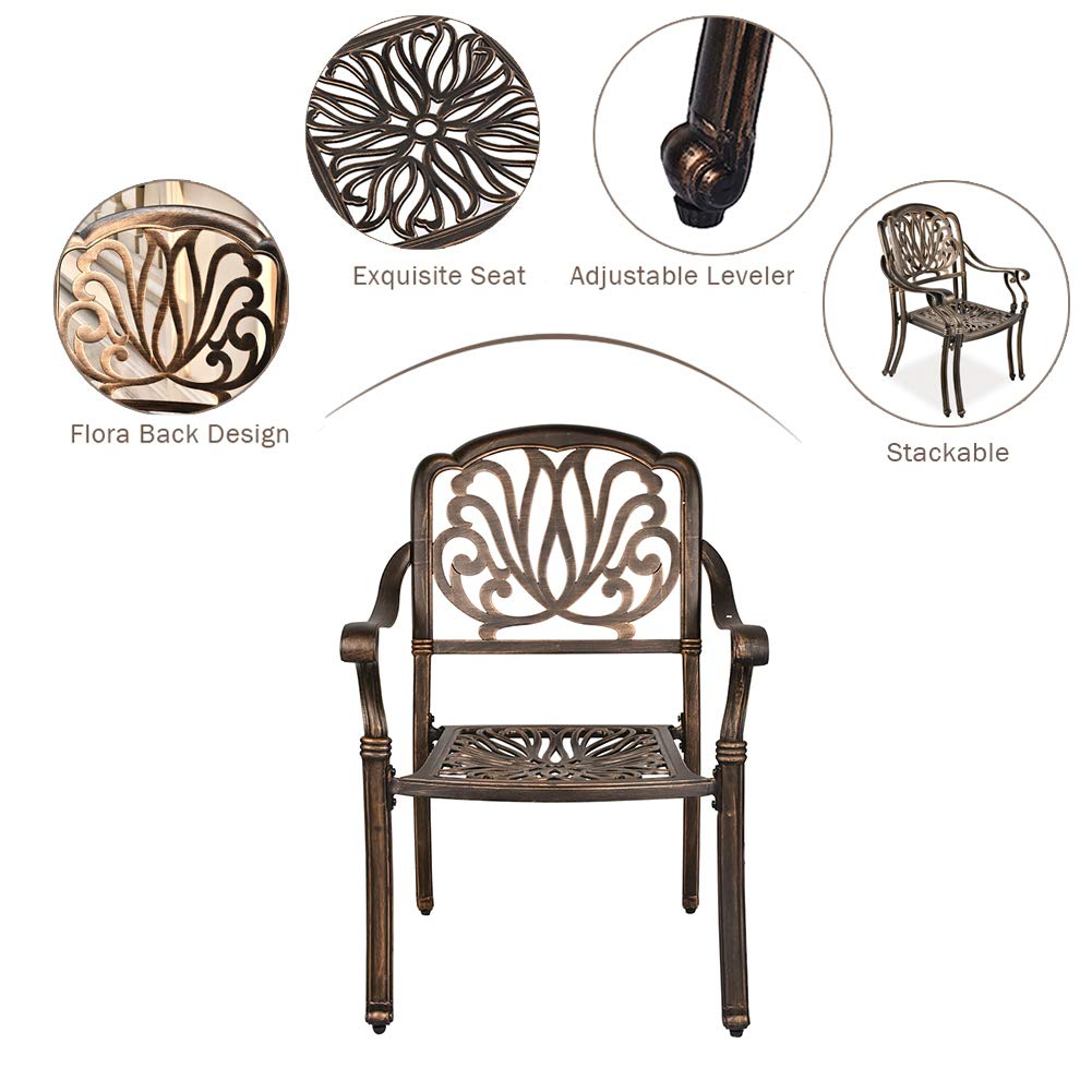 5-Piece Outdoor Cast Aluminum Patio Dining Set with 4 Chairs & Square Table - Umbrella Hole & Floral Design - Durable Garden, Deck Conversation Furniture for Backyard, Poolside & Outdoor Entertaining