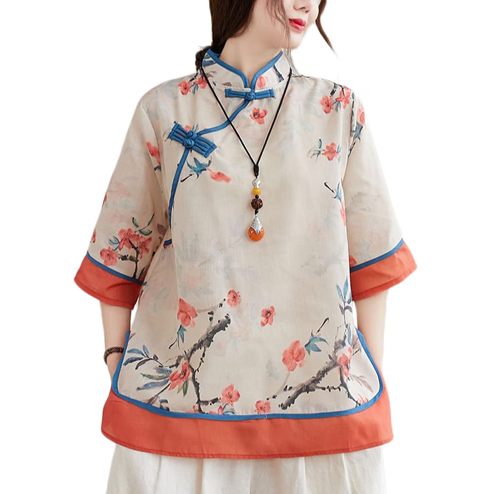 LUZU JUNU Women's Summer Linen Shirt - Elegant Retro Chinese Frog Button Floral Tunic Blouse | Breathable Casual Top for Beach, Vacation & Everyday Wear