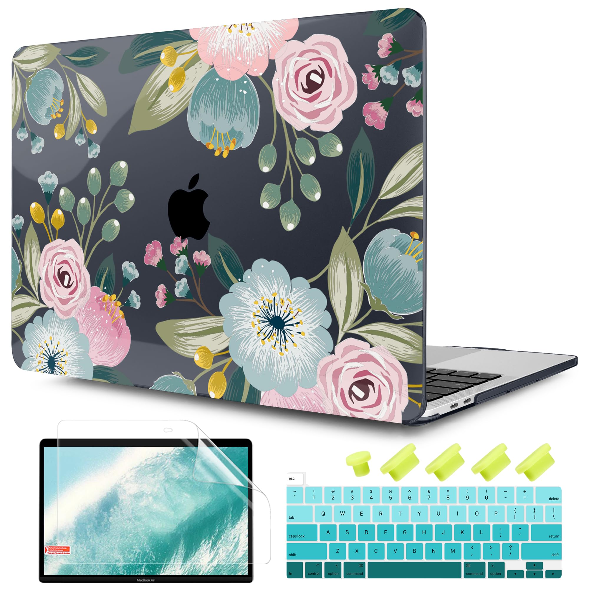 TwoL Hard Plastic Shell Case Cover for MacBook Pro 13 inch (2020-2022 Models A2338 M2/M1 A2289 A2251) with Keyboard Skin & Screen Protector | Floral Design Protective Case for Work, Travel & School Use