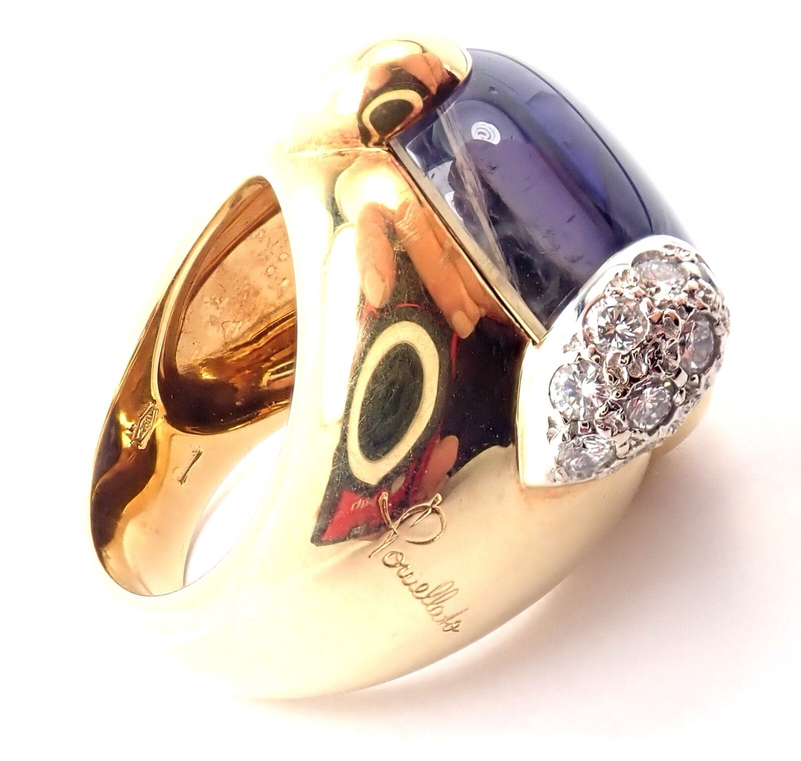 Authentic Pomellato Griffe 18K Yellow Gold Diamond & Iolite Ring for Women | Luxury Statement Jewelry for Weddings, Parties & Special Occasions