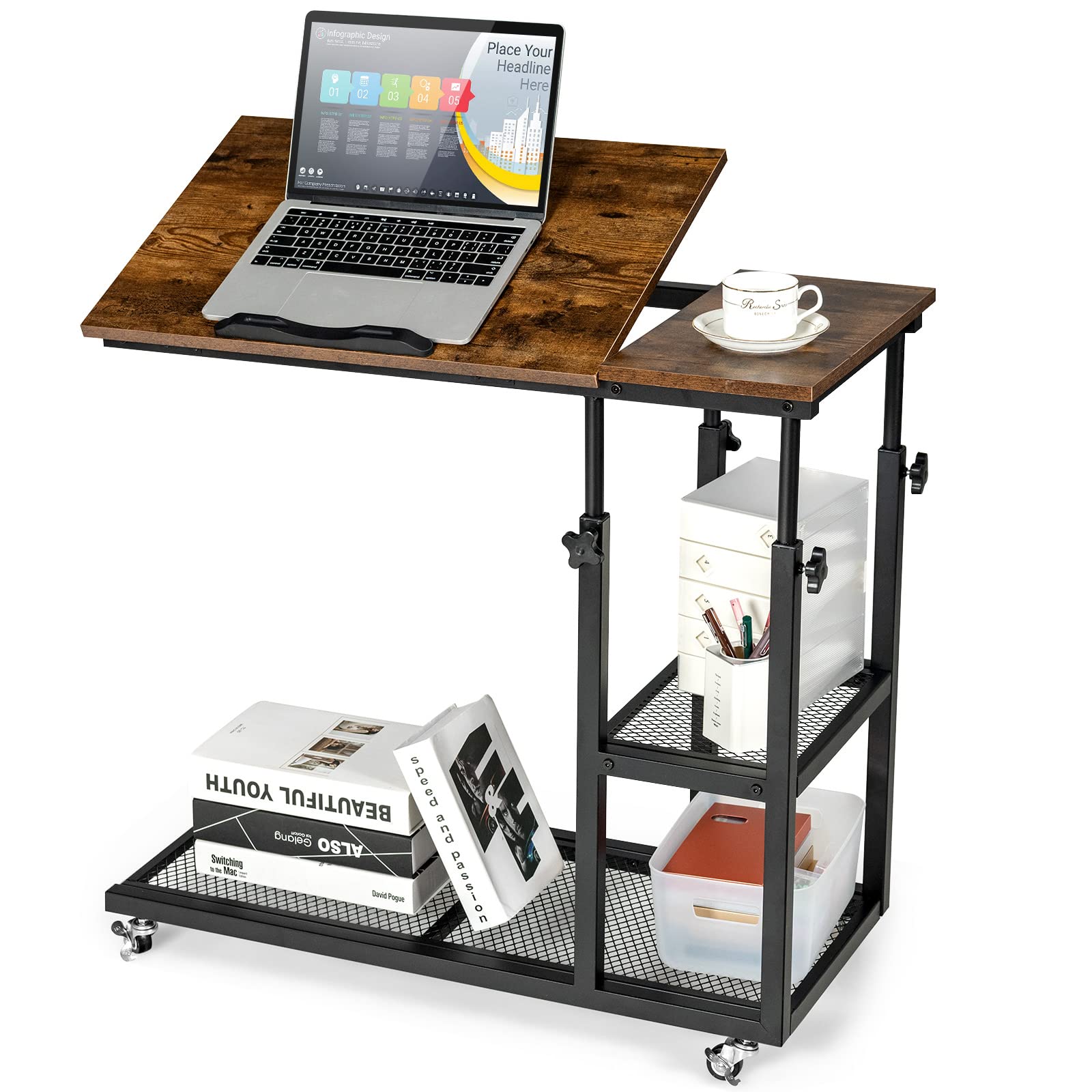 Tangkula Adjustable Height C-Shaped End Table with Lockable Wheels - Mobile Sofa Desk, Tiltable Tabletop, Storage Shelves - Perfect for Living Room, Bedroom, Home Office & Snack Table Use