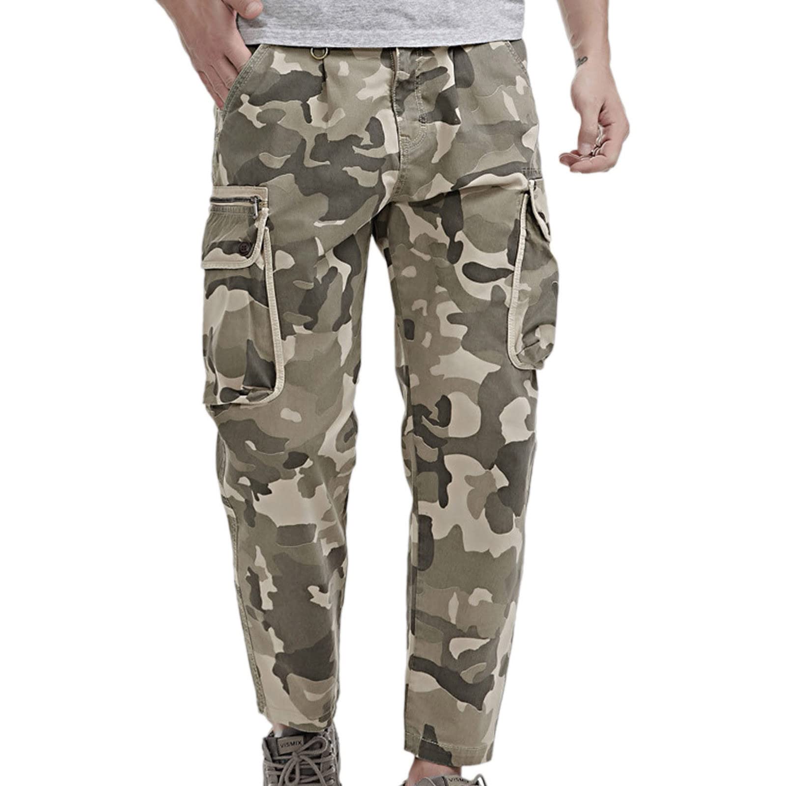Men's Relaxed Fit Cargo Work Pants with Multiple Pockets - Mid Waist Camouflage Zip Trousers for Outdoor, Construction & Casual Wear