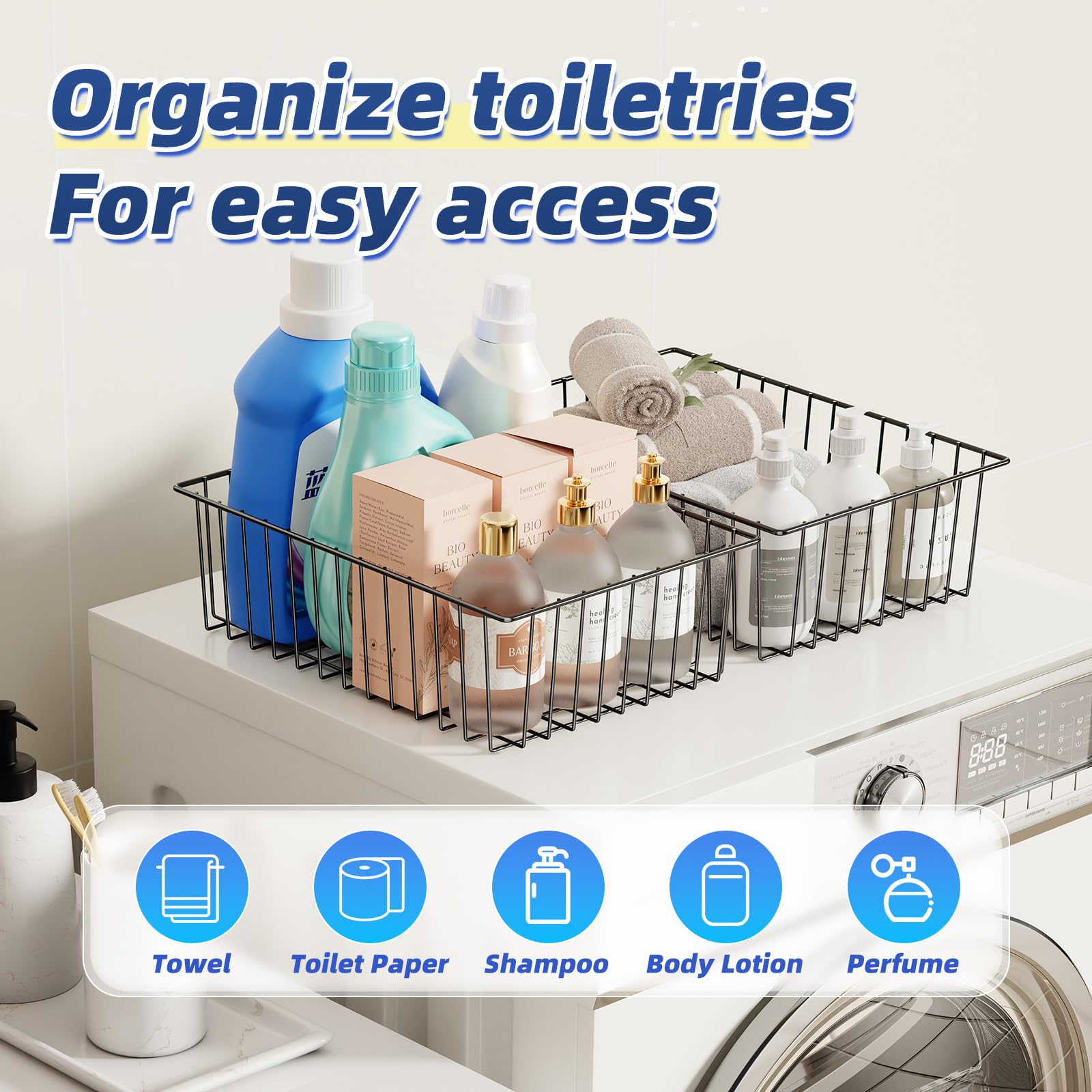 6 Pack Large Wire Baskets for Organization - Metal Pantry Storage Baskets for Cabinet, Kitchen, Garage & Bathroom - Black | Perfect for Home, Office & Retail Storage Solutions