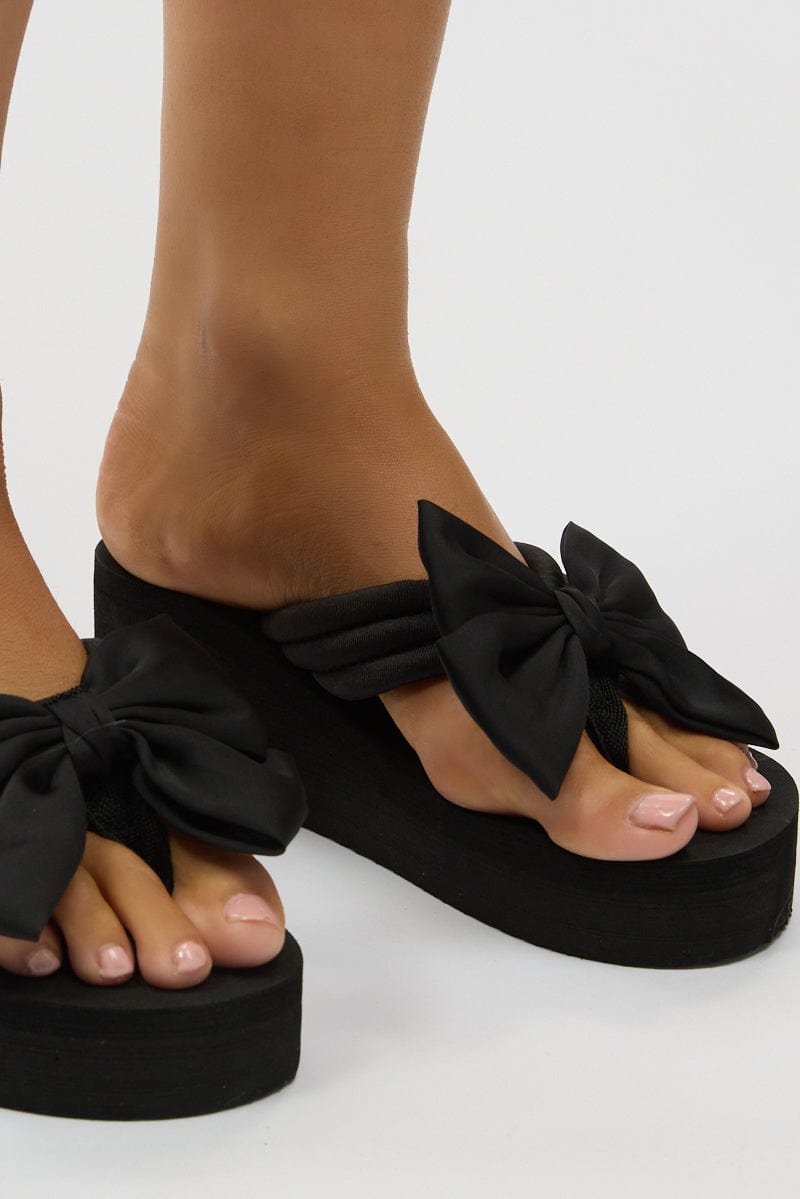 Black Bow Decor Wedge Sandals for Women - Comfortable Summer Beach Wedding Shoes - Perfect for Outdoor Parties, Vacations and Casual Wear
