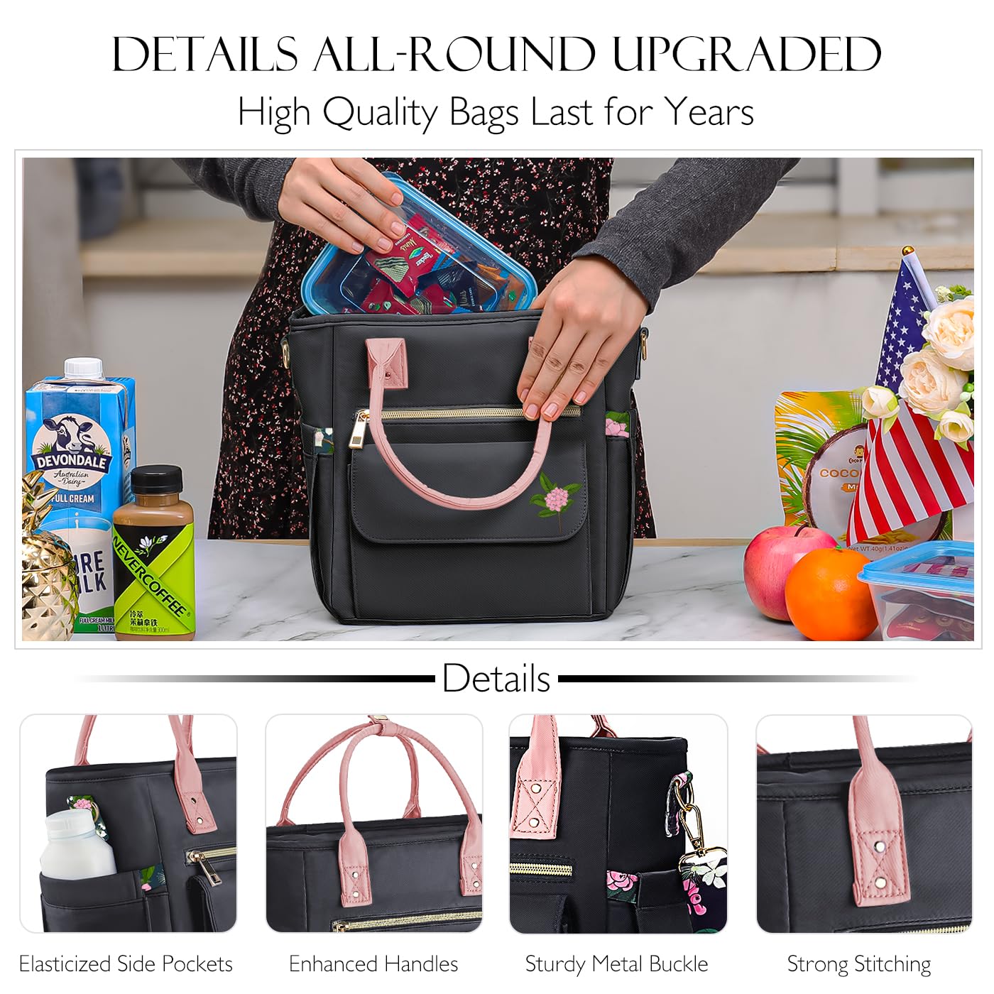 Premium Large Insulated Lunch Bag for Women - Leakproof & Waterproof Cooler Tote with Multiple Pockets & Detachable Shoulder Strap - Perfect for Work, School, Picnics, Travel - Ideal Gift for Teachers, Moms (Christmas, Birthday, Mother's Day)
