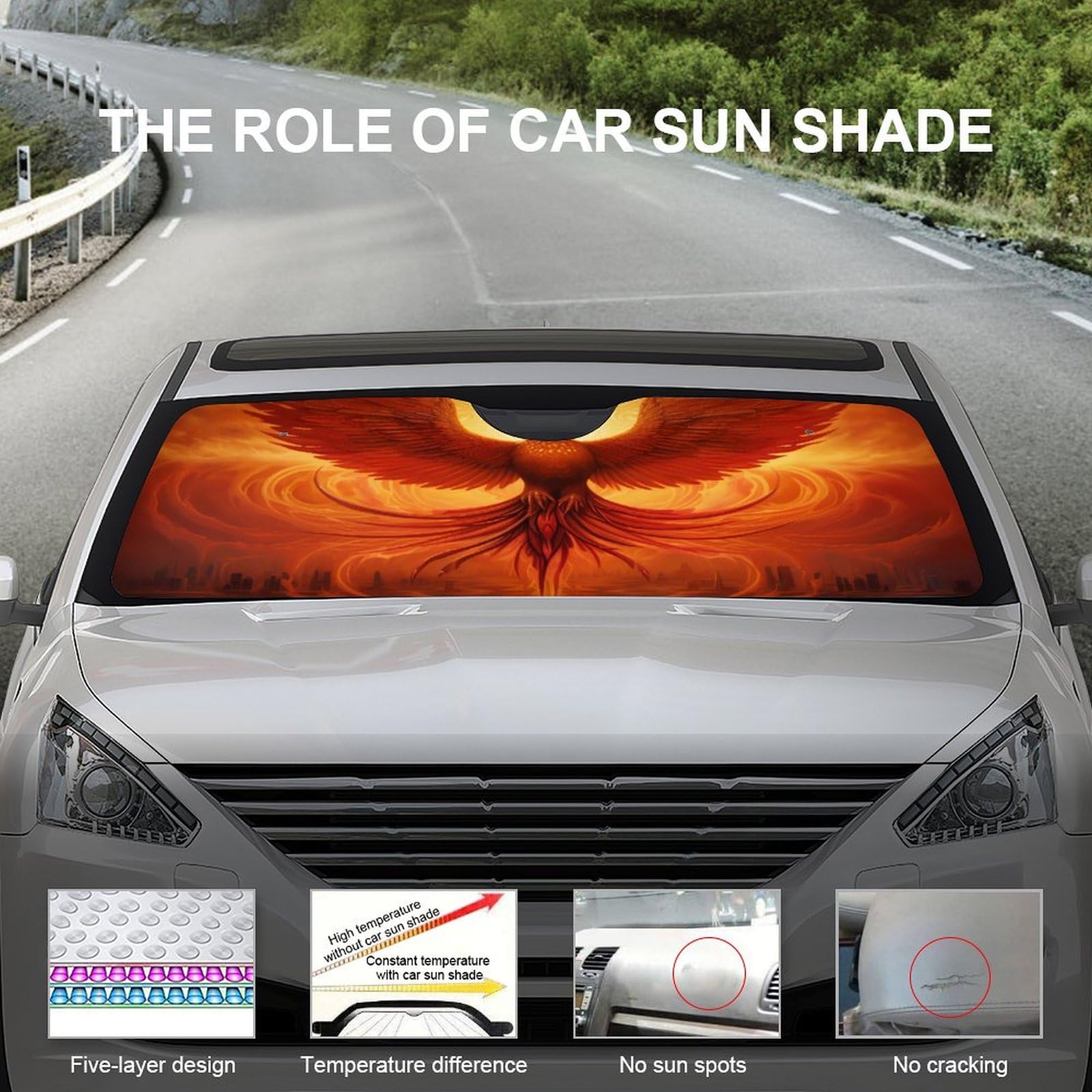 Flaming Phoenix Bird Car Windshield Sun Shade - Foldable 51