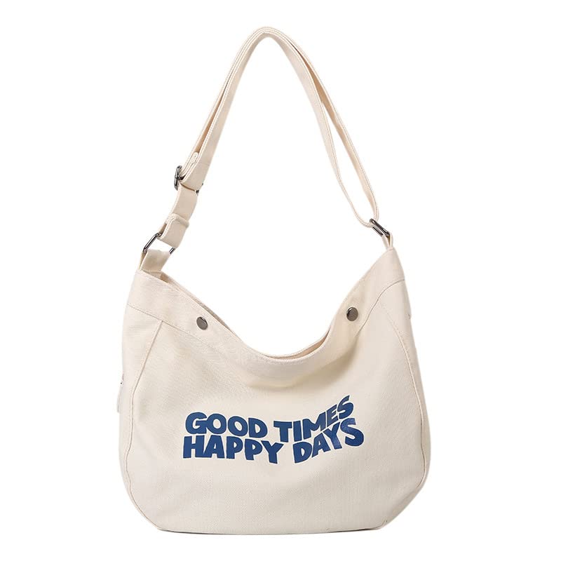 Y2K Aesthetic Canvas Crossbody Shoulder Bag - Retro Boho Printed Tote Handbag for Women, Harajuku Grunge Style School & Travel Purse (White) | Perfect for Daily Use, College Campus, Music Festivals & Street Fashion