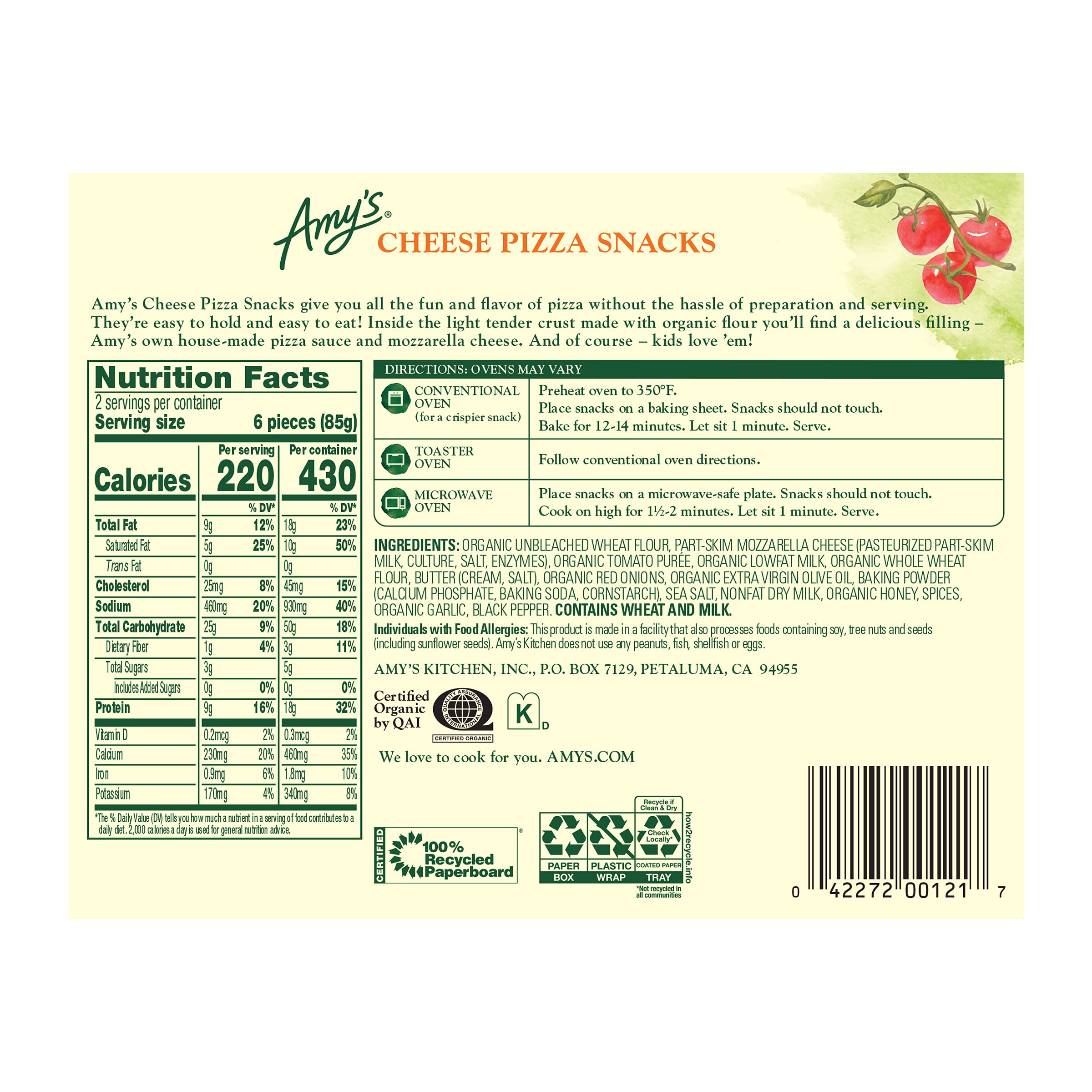 Amy's Organic Cheese Pizza Snacks - Frozen Microwave Meals Made with Organic Flour & Tomatoes (6 oz) | Quick Lunch, School Snacks & Busy Weeknight Dinners