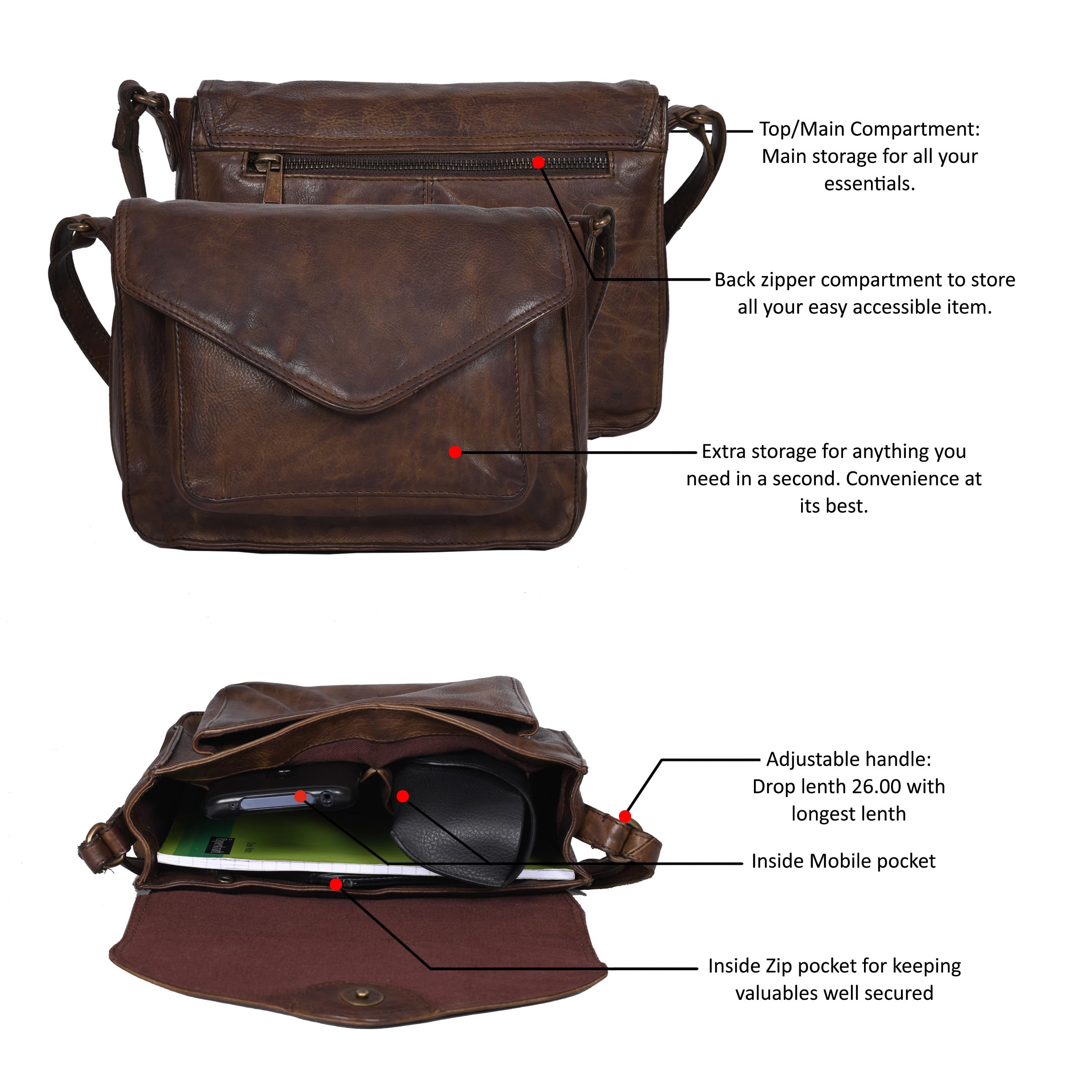 Women's Leather Crossbody Bag with Adjustable Strap & Snap Closure - Stylish Flapover Purse for Work, Travel & Everyday Use