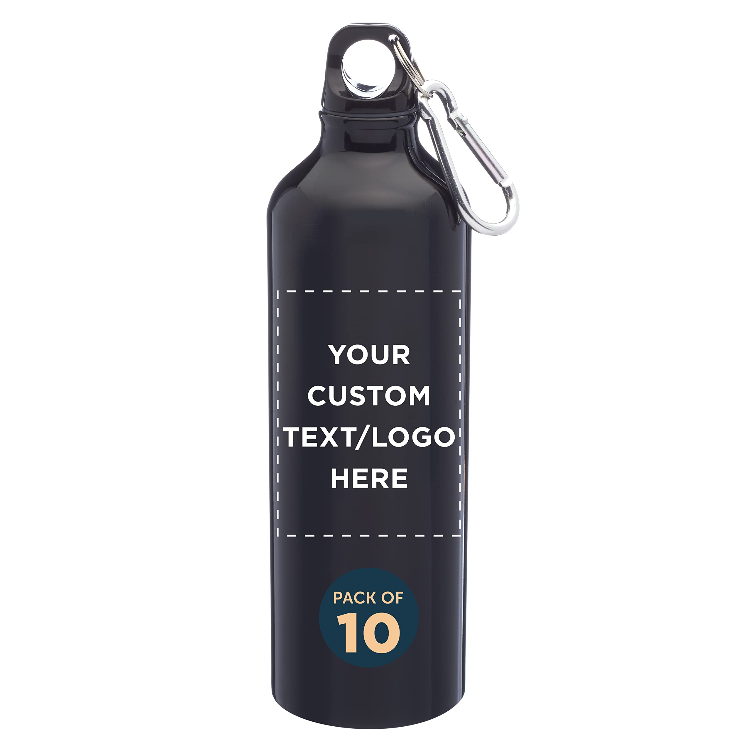 Custom 24oz Aluminum Water Bottles with Carabiner - 10 Pack Bulk Personalized Sports Bottles - Gym, Hiking, Camping, Running Accessories - Matte Black Finish - Ideal for Outdoor Activities, Team Events & Corporate Gifts