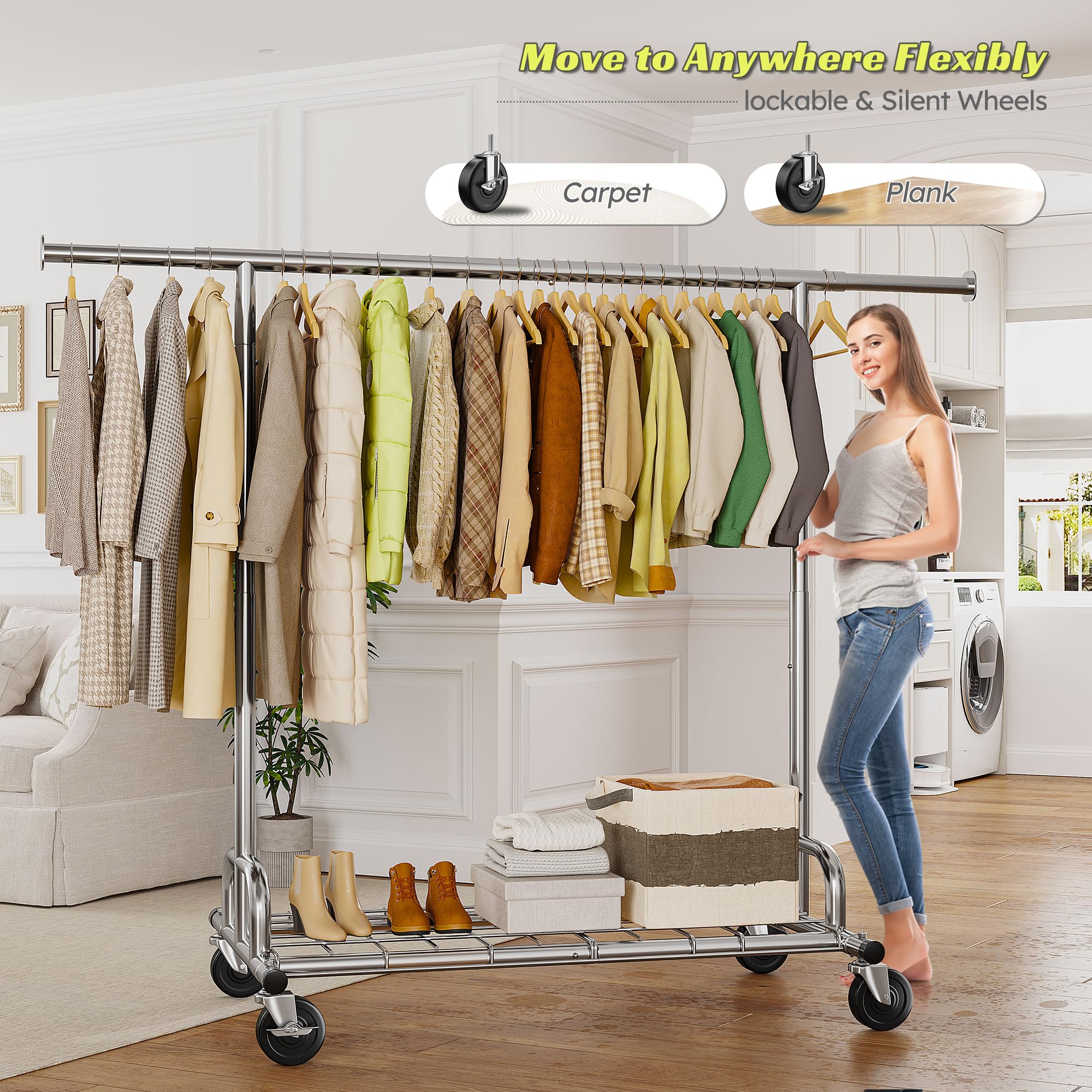 Raybee Heavy Duty Garment Rack - 480LBS Capacity Adjustable Rolling Clothes Rack with Wheels - 71